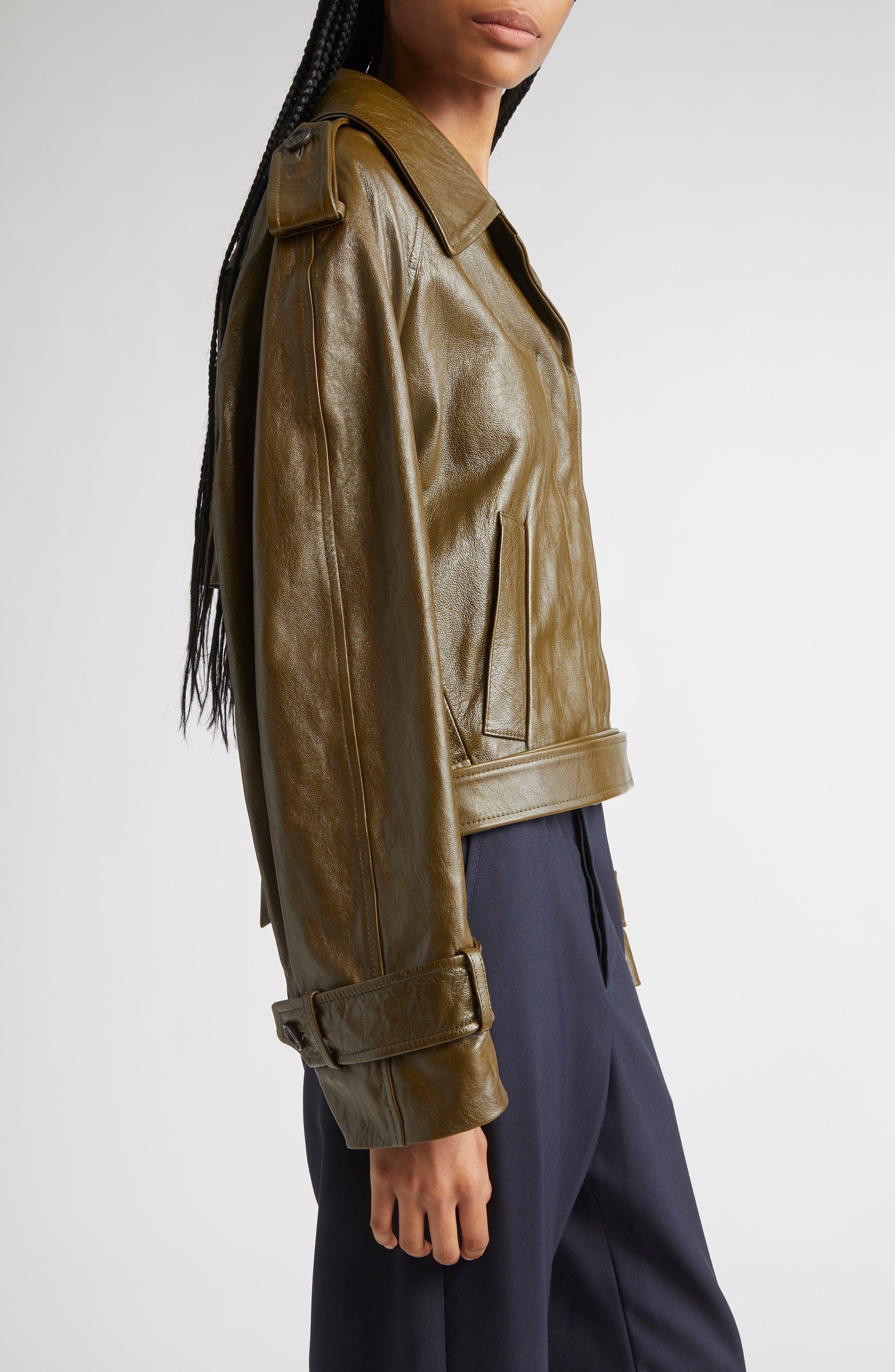 Marni Leather Crop Trench Coat in 00V58 Deep Sage at Nordstrom - 4