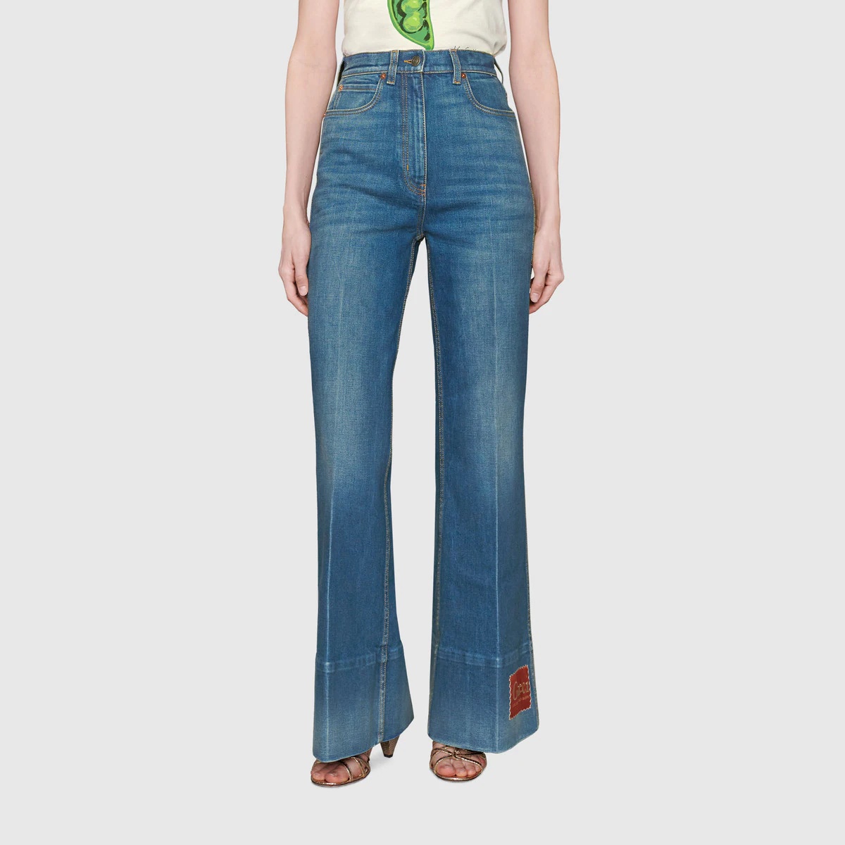 Washed denim flare pant with Gucci label - 3