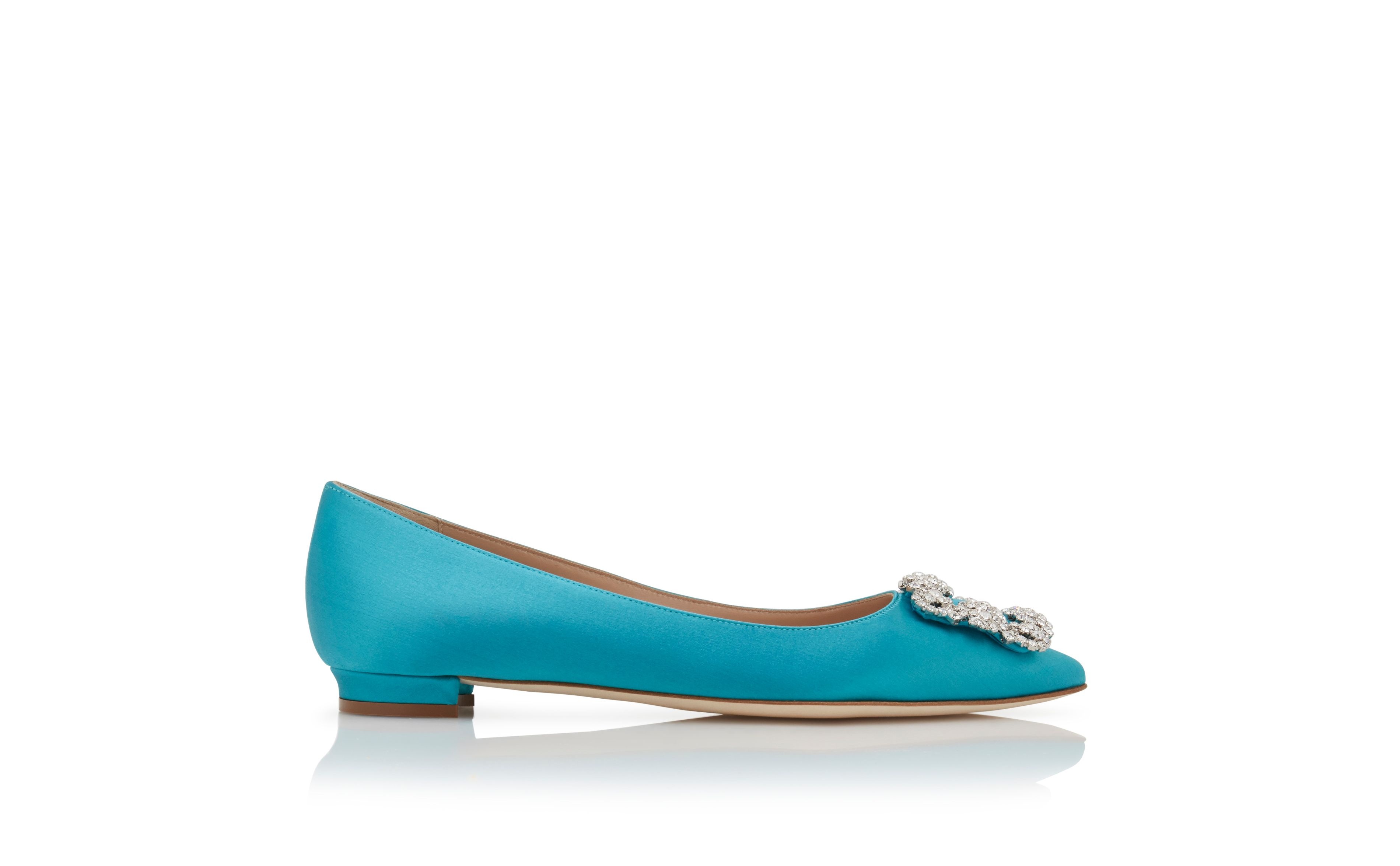 Turquoise Satin Jewel Buckle Flat Shoes - 1