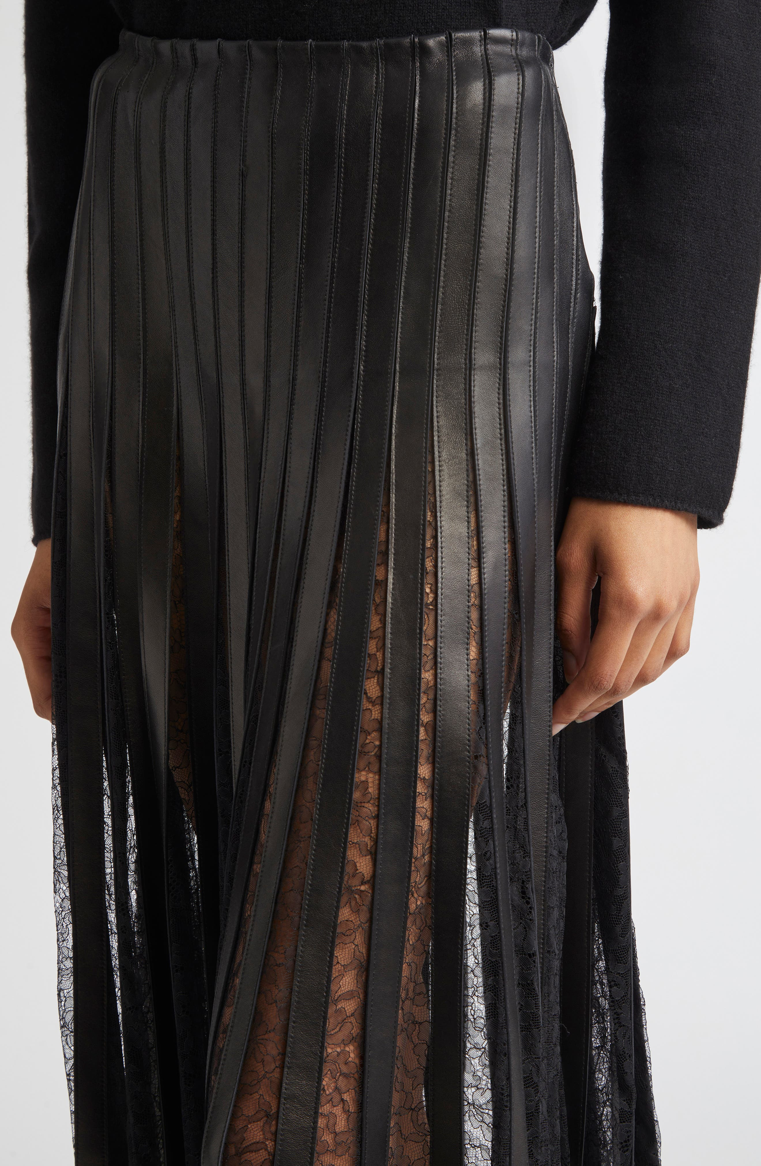 Brandon Maxwell Alix Leather Strip & Lace Skirt in Black at Nordstrom - 5