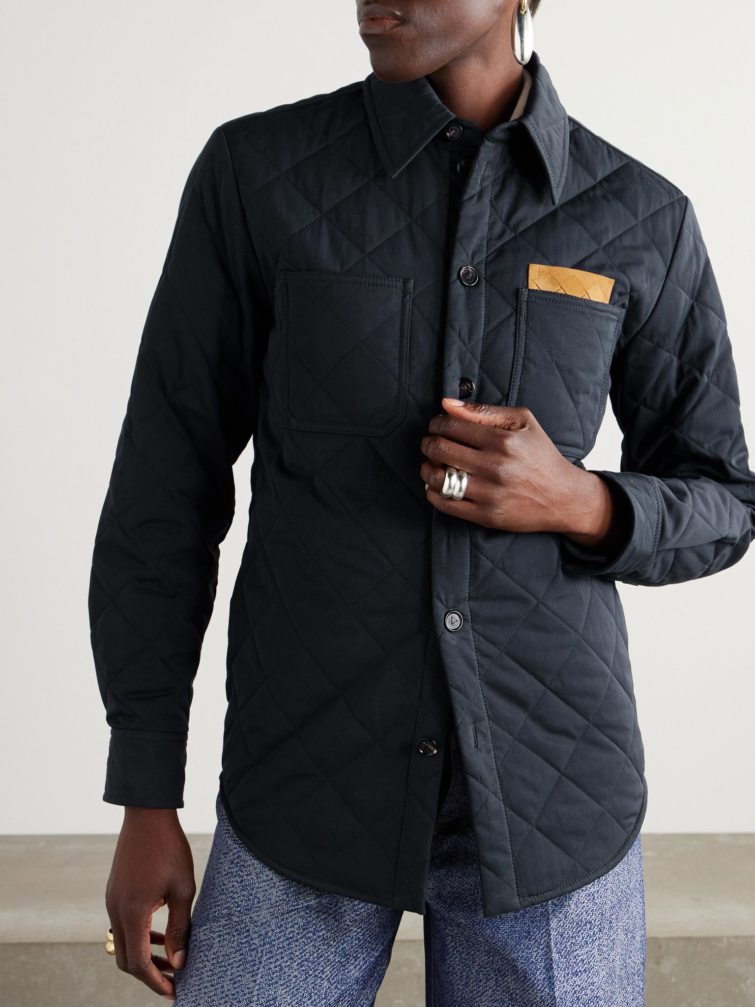 Suede-trimmed quilted cotton-blend shell jacket Blue - 3