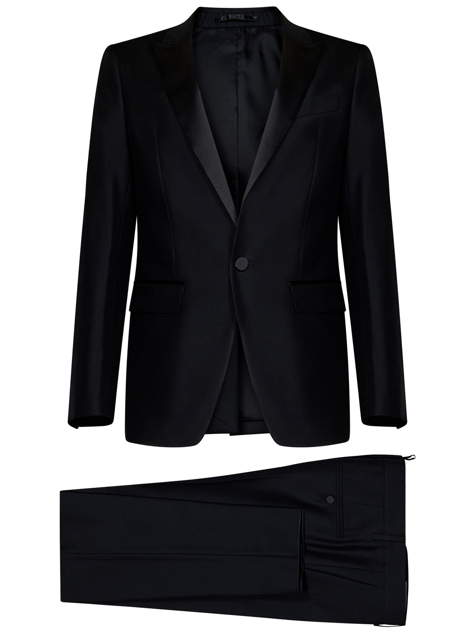 Black virgin wool and silk tuxedo suit with single-breasted blazer with silk satin lapels. - 4