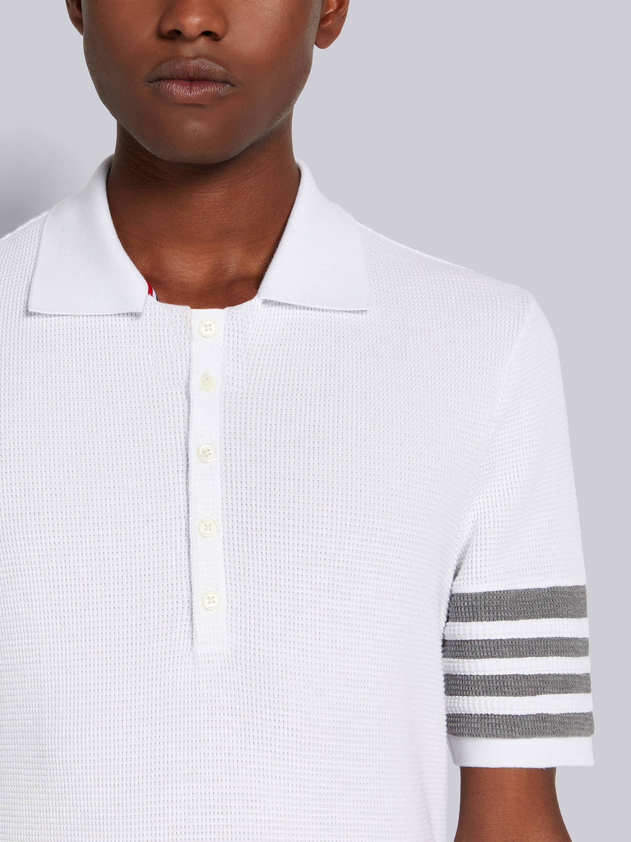 White Compact Waffle Rib Cuff 4-Bar Polo - 5