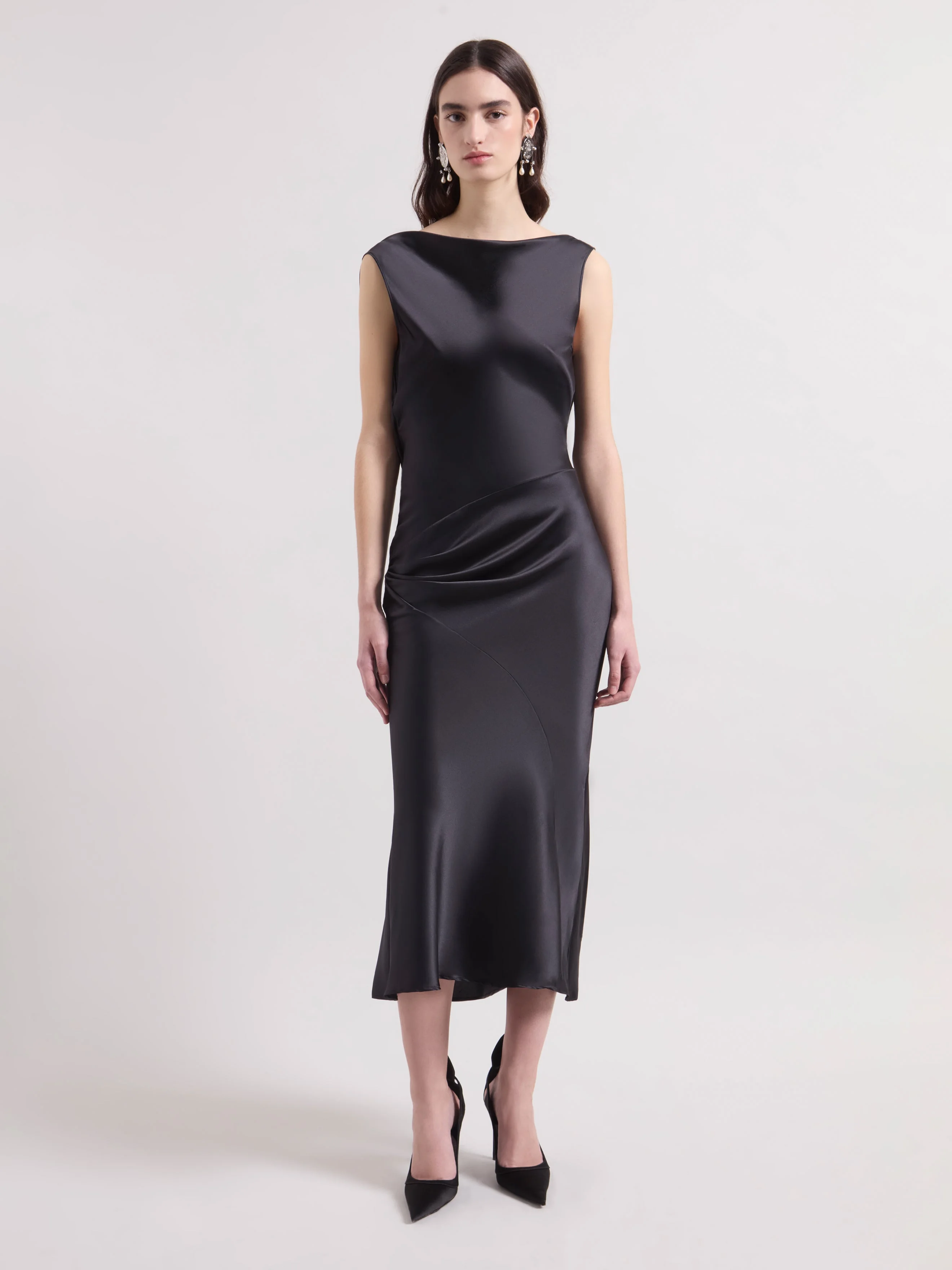 Black Asymmetrical Satin Dress - 1