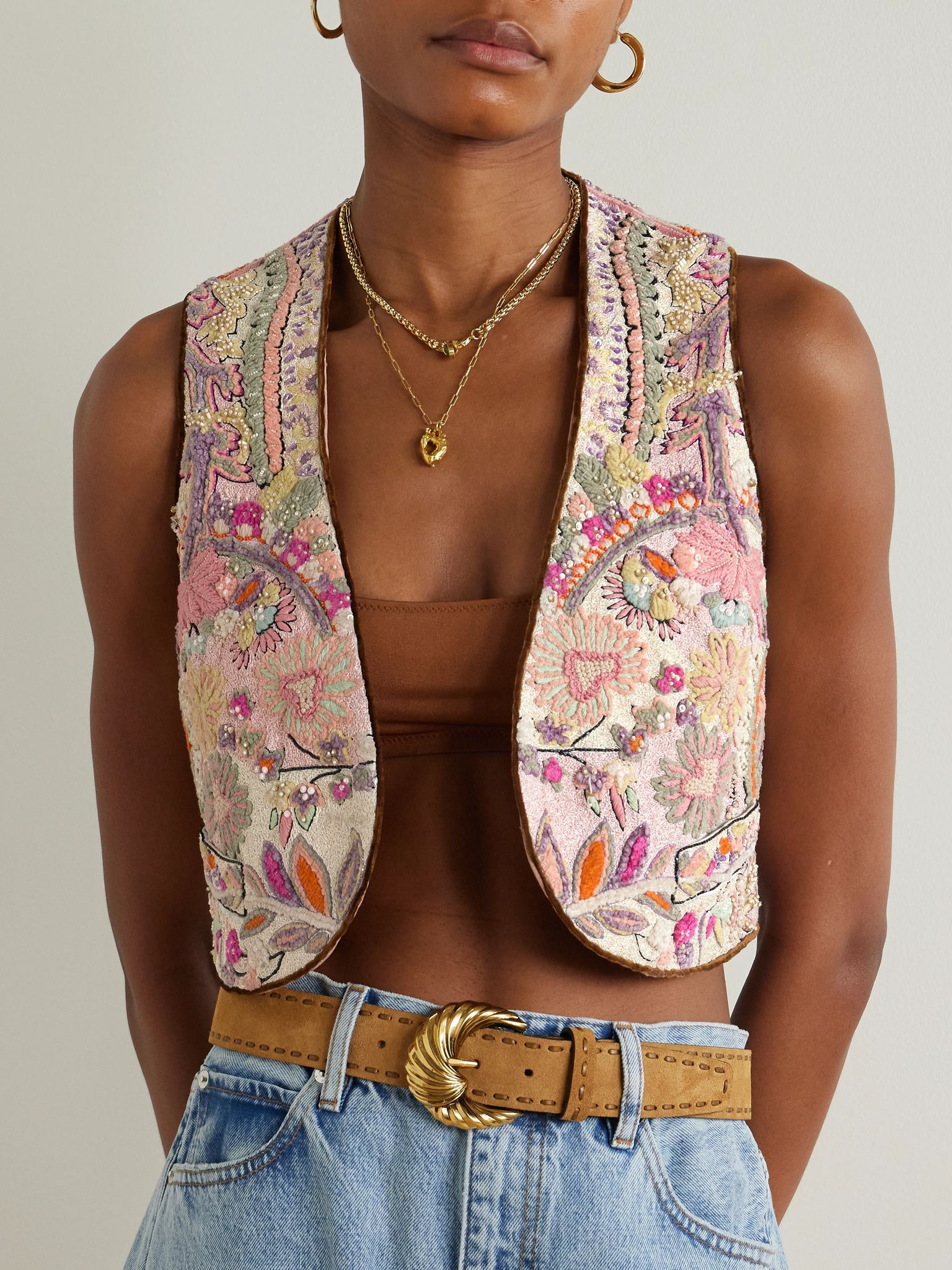 Cropped embellished linen-bouclé vest Pink - 3