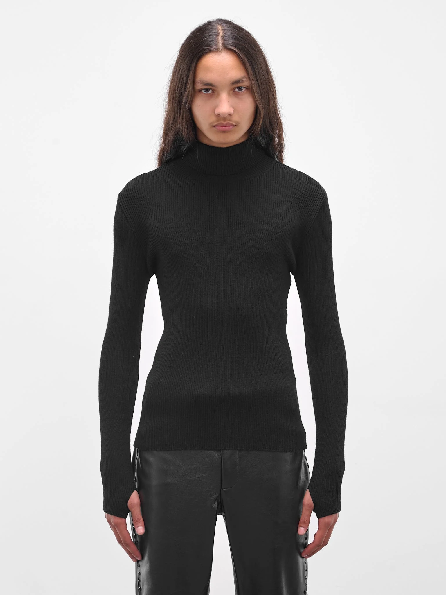 Black Wool Rib-Knit Turtleneck - 1