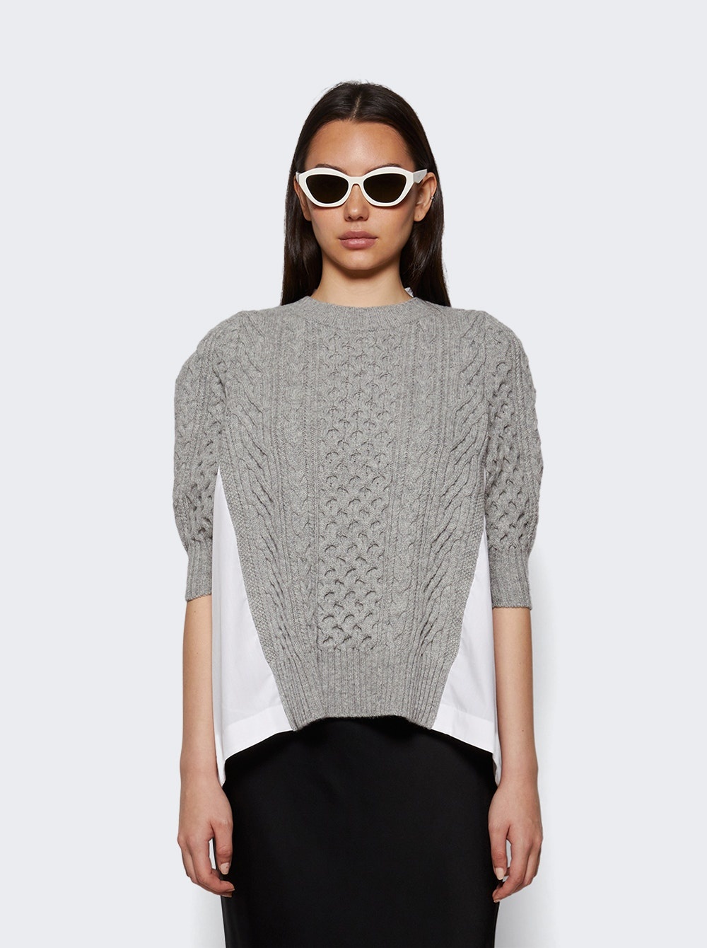 Wool Knit X Cotton Poplin Pullover Light Grey And Off White - 2
