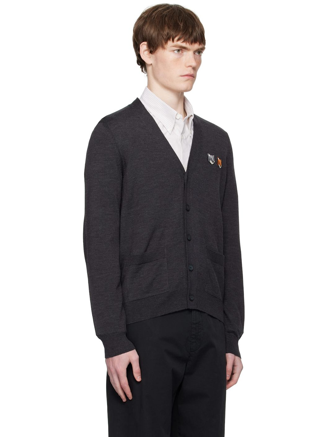 Gray Double Bold Fox Head Patch Regular Cardigan - 2