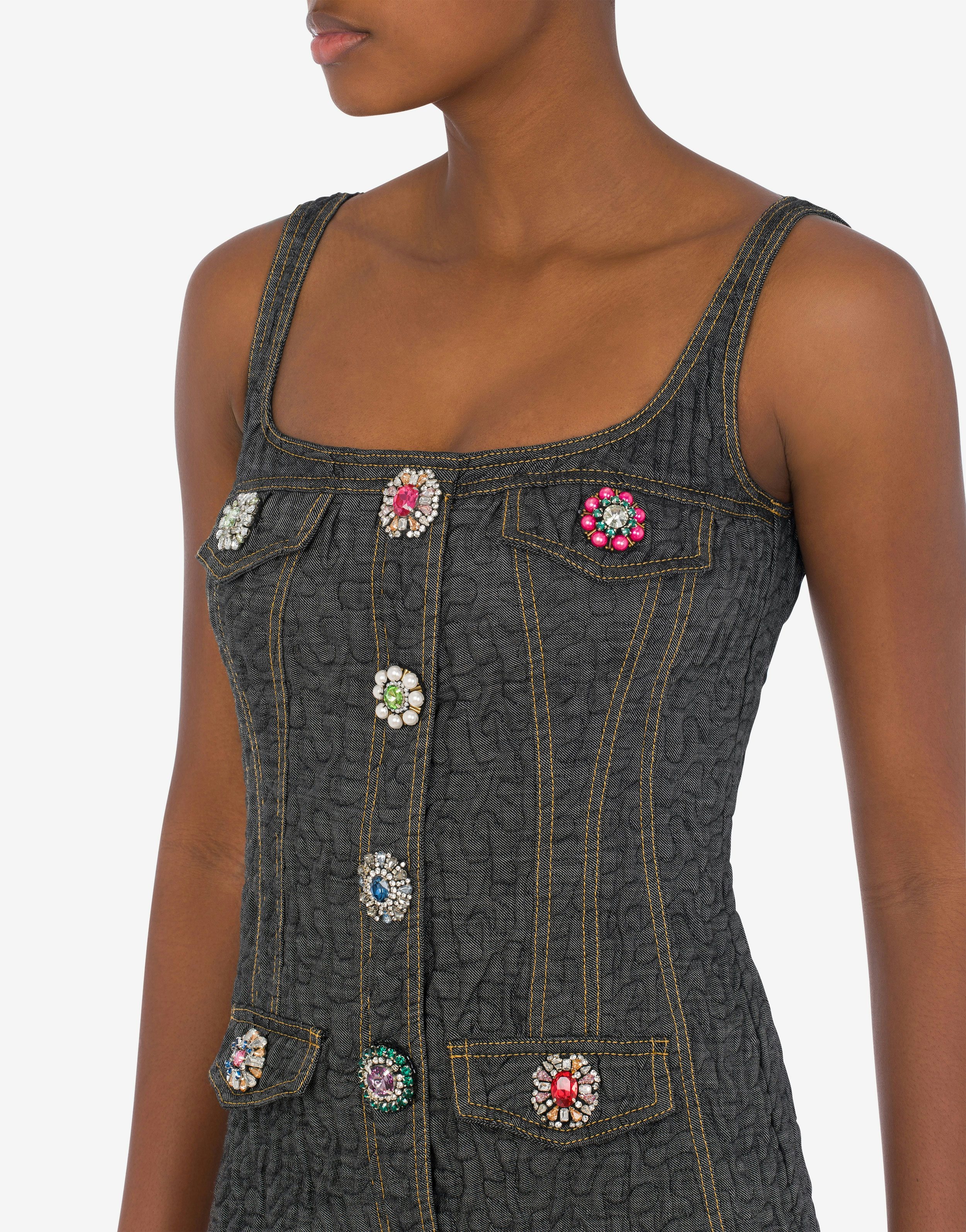 JEWEL BUTTONS BLACK DENIM SHEATH DRESS - 4