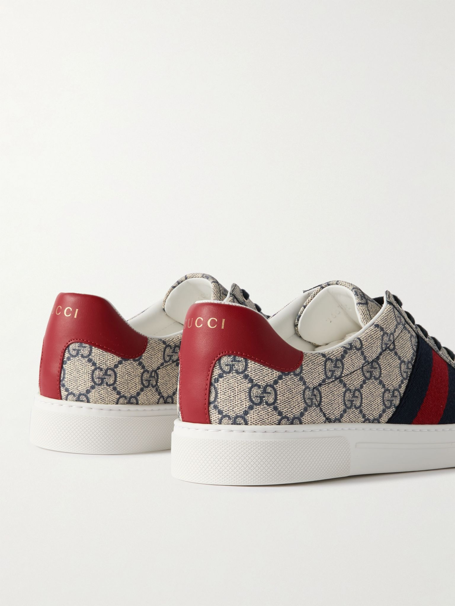 Ace Leather and Webbing-Trimmed Monogrammed Canvas Sneakers Beige - 5