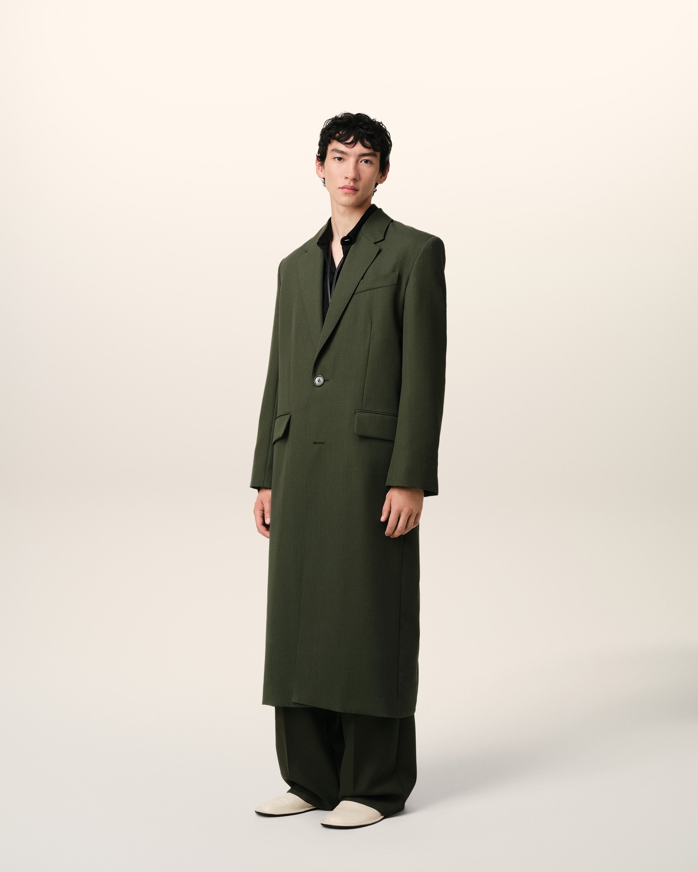 GREEN WOOL BACK SLIT LONG COAT - 6