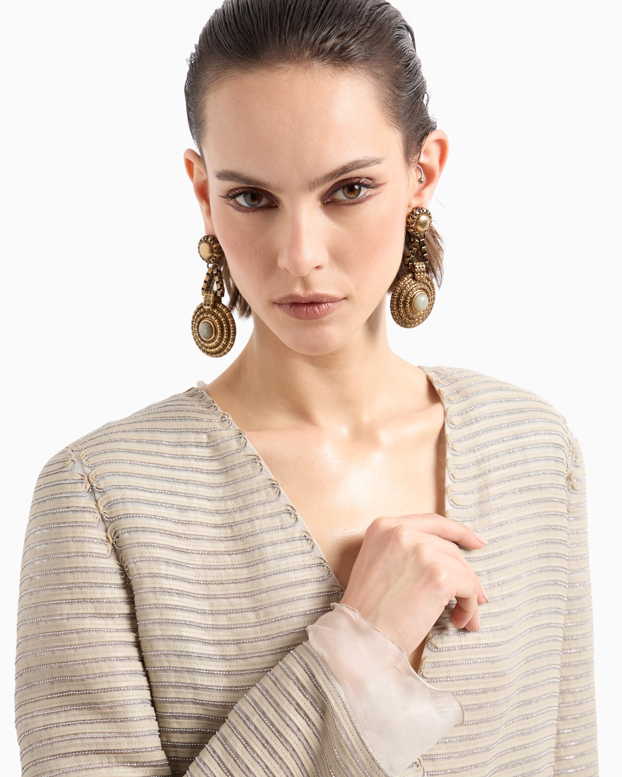 SINGLE-BREASTED JACKET IN SILK CHIFFON WITH EMBROIDERED SUEDE WEBBING - 5
