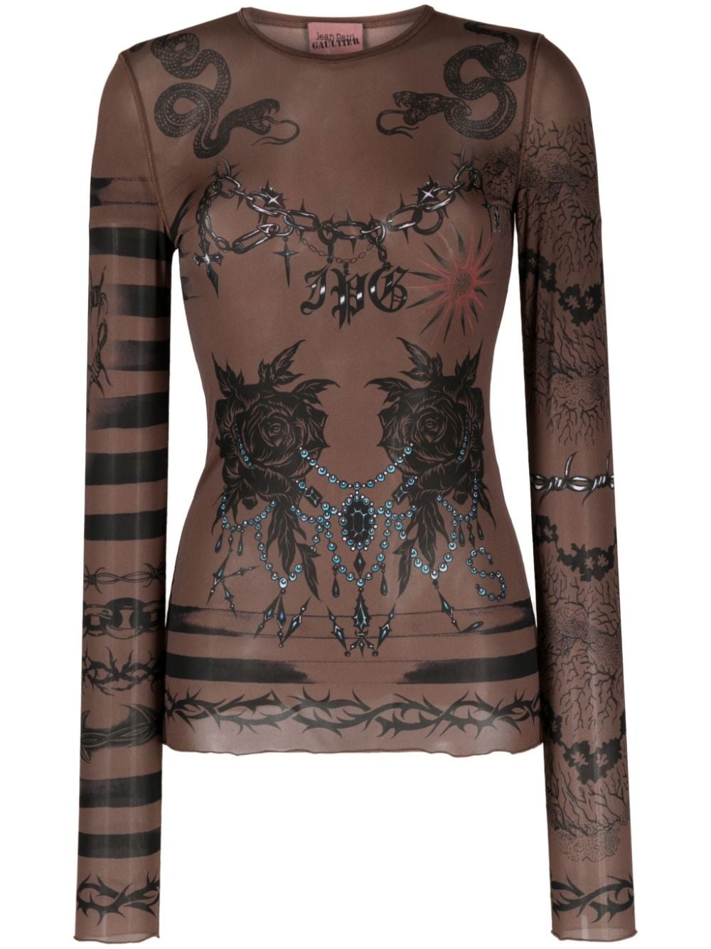 x KNWLS tattoo-print sheer top - 1