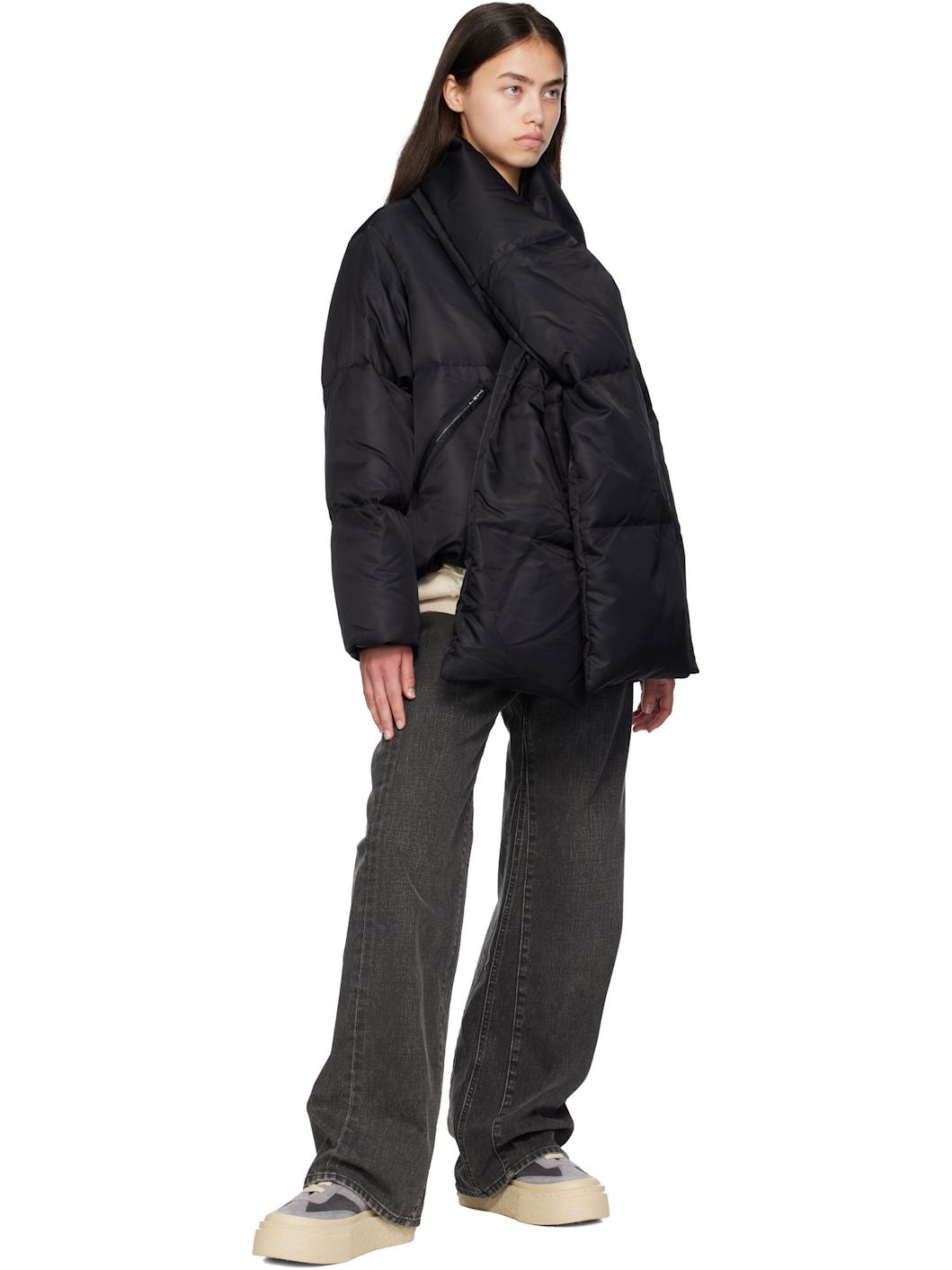 Black Scarf Down Jacket - 4