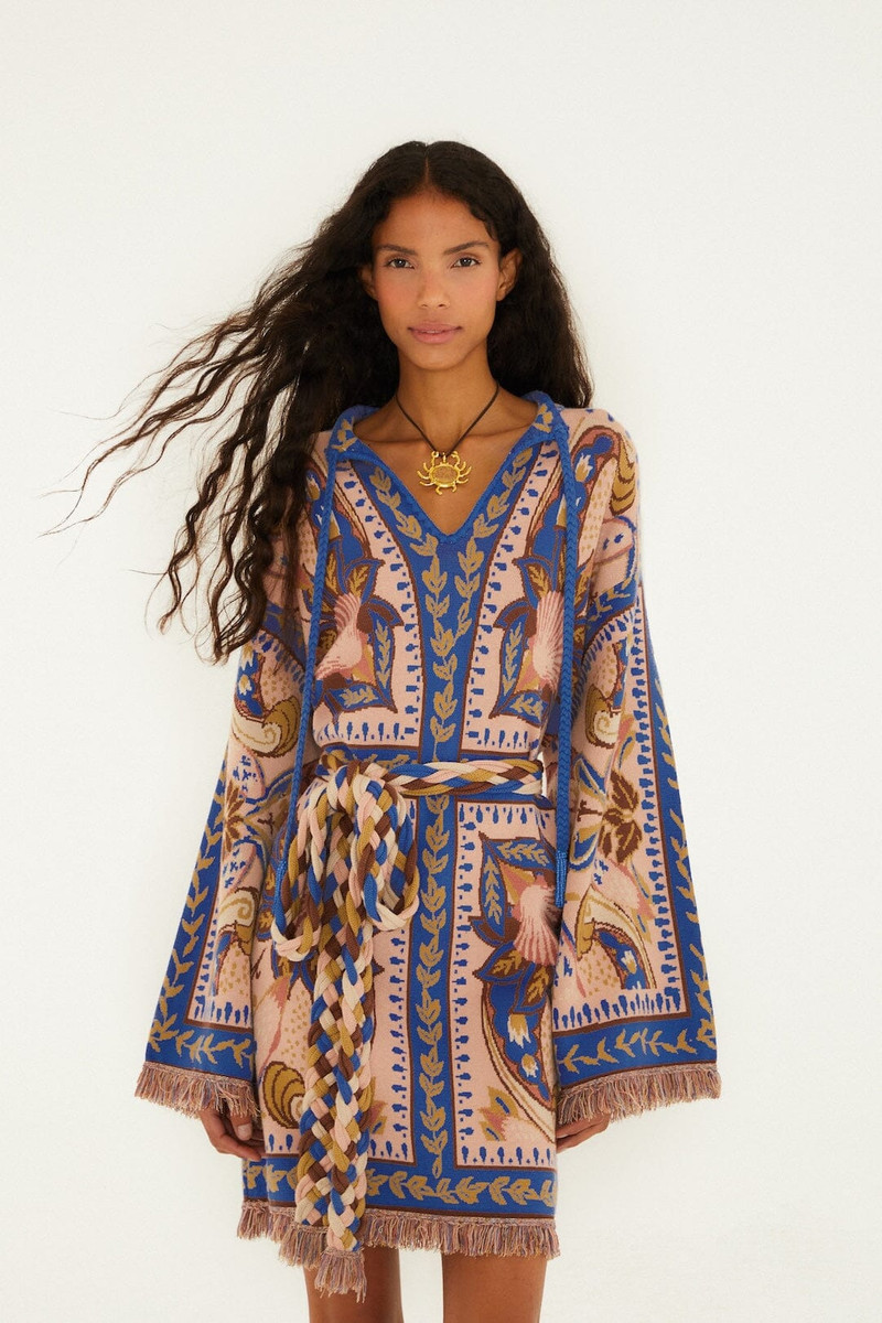 Blue Sea Garden Scarf Tassels Knit Mini Dress 1