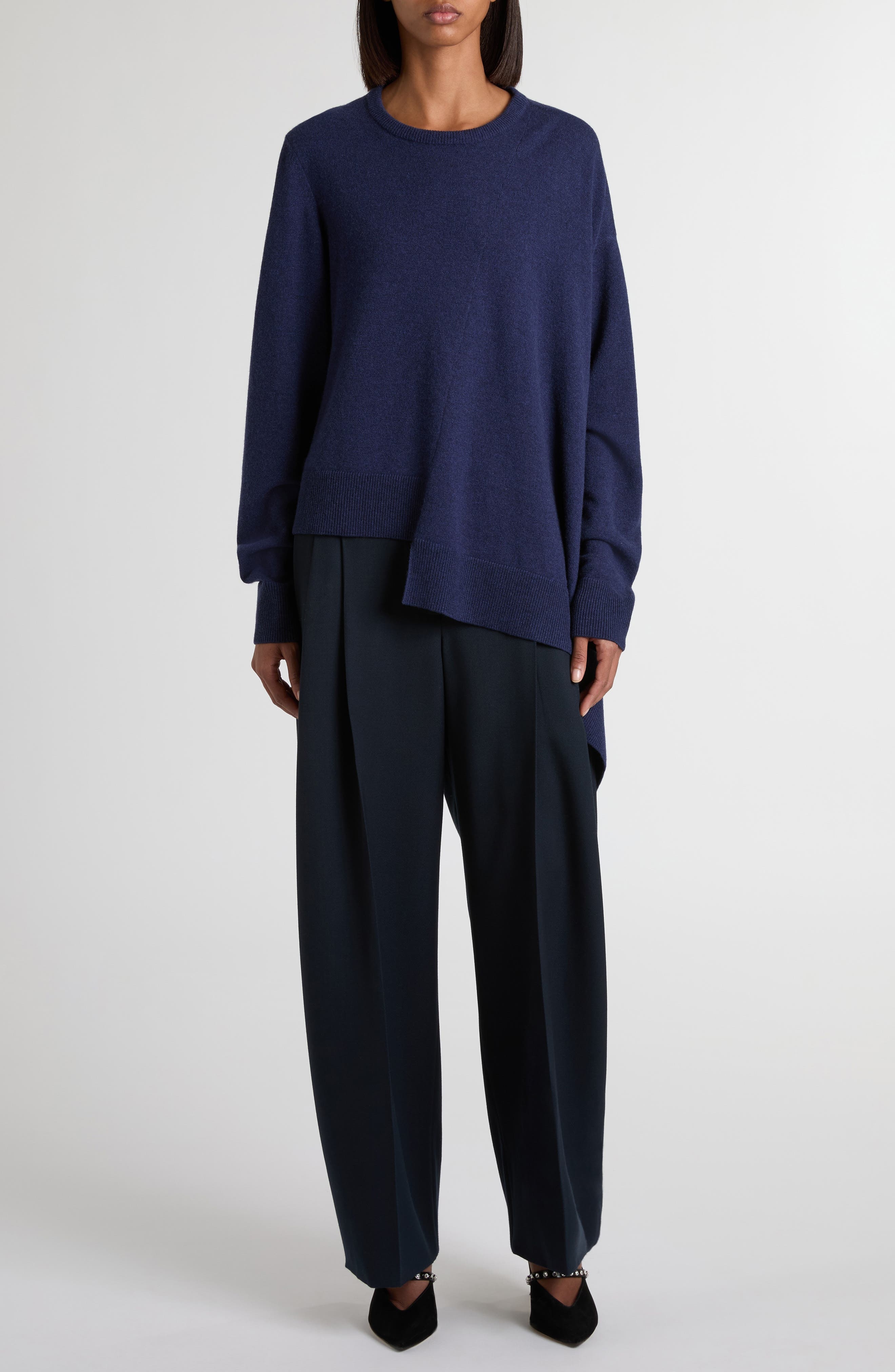 McQueen Asymmetrical Cashmere & Wool Crewneck Sweater in After Blue at Nordstrom - 2