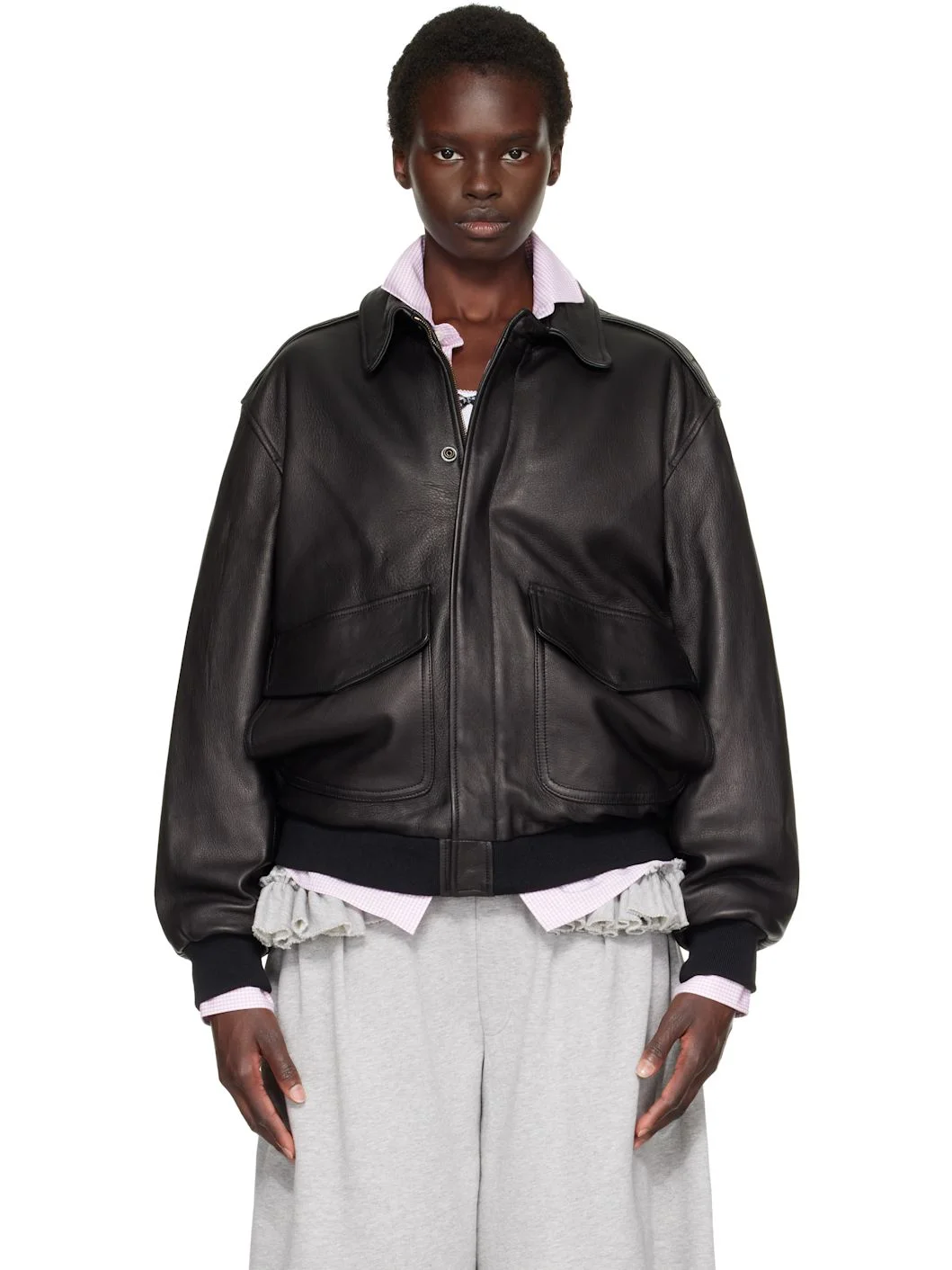 Brown Zip Leather Bomber Jacket - 1