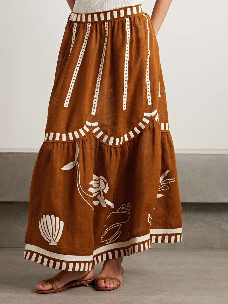 Mermaid Starfish tiered embroidered linen maxi skirt Brown 3