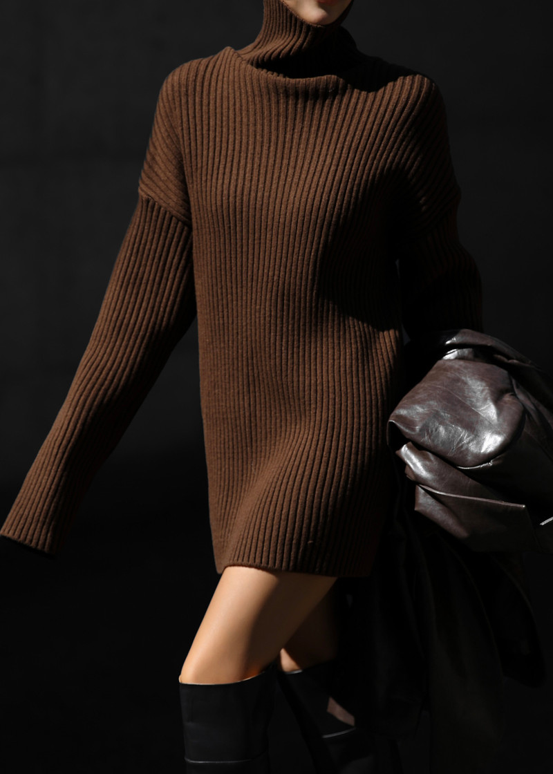 Thelma Ribbed Sweater Dress - Brown 2
