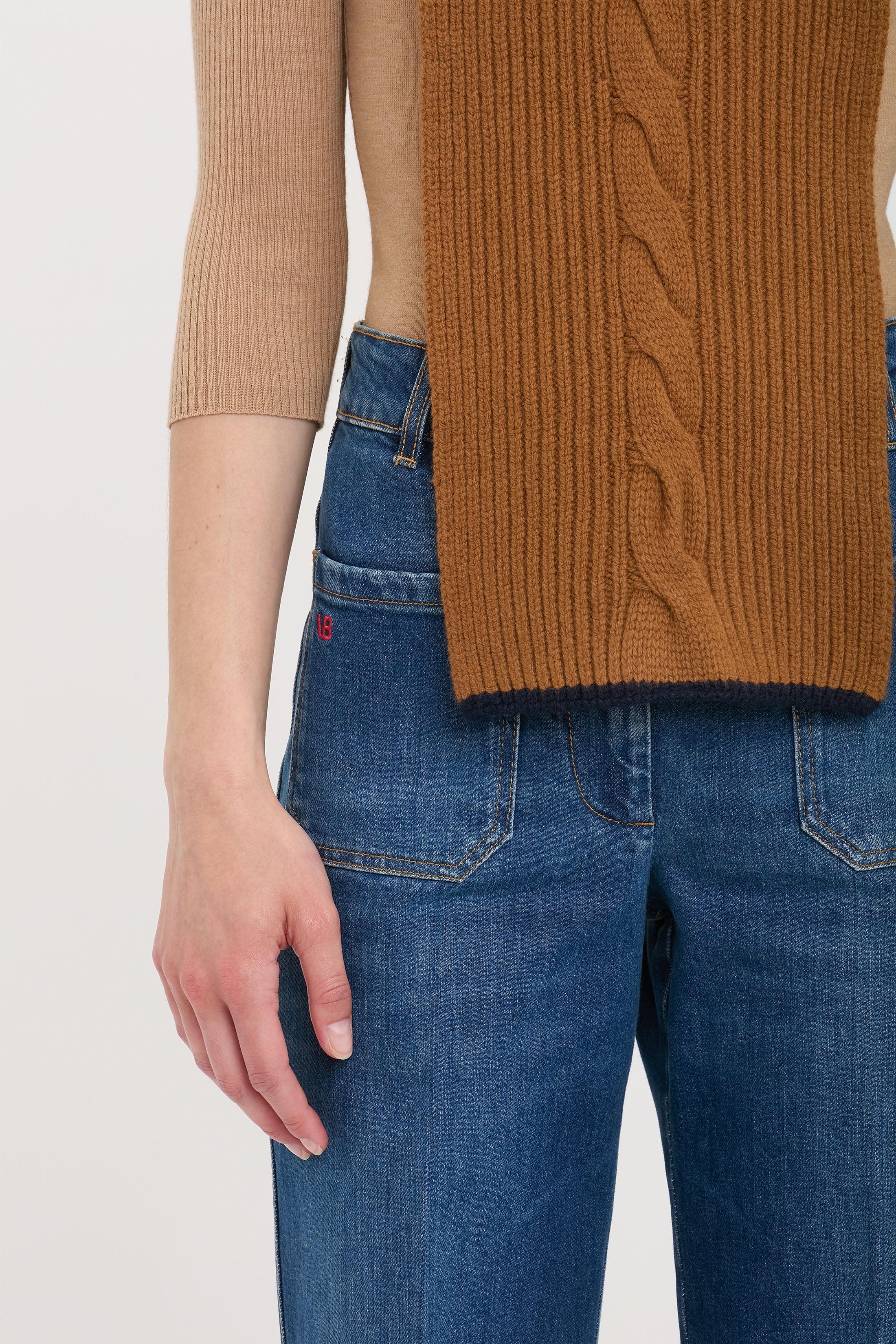 Knitted Polo Neck Scarf In Camel-Navy - 3