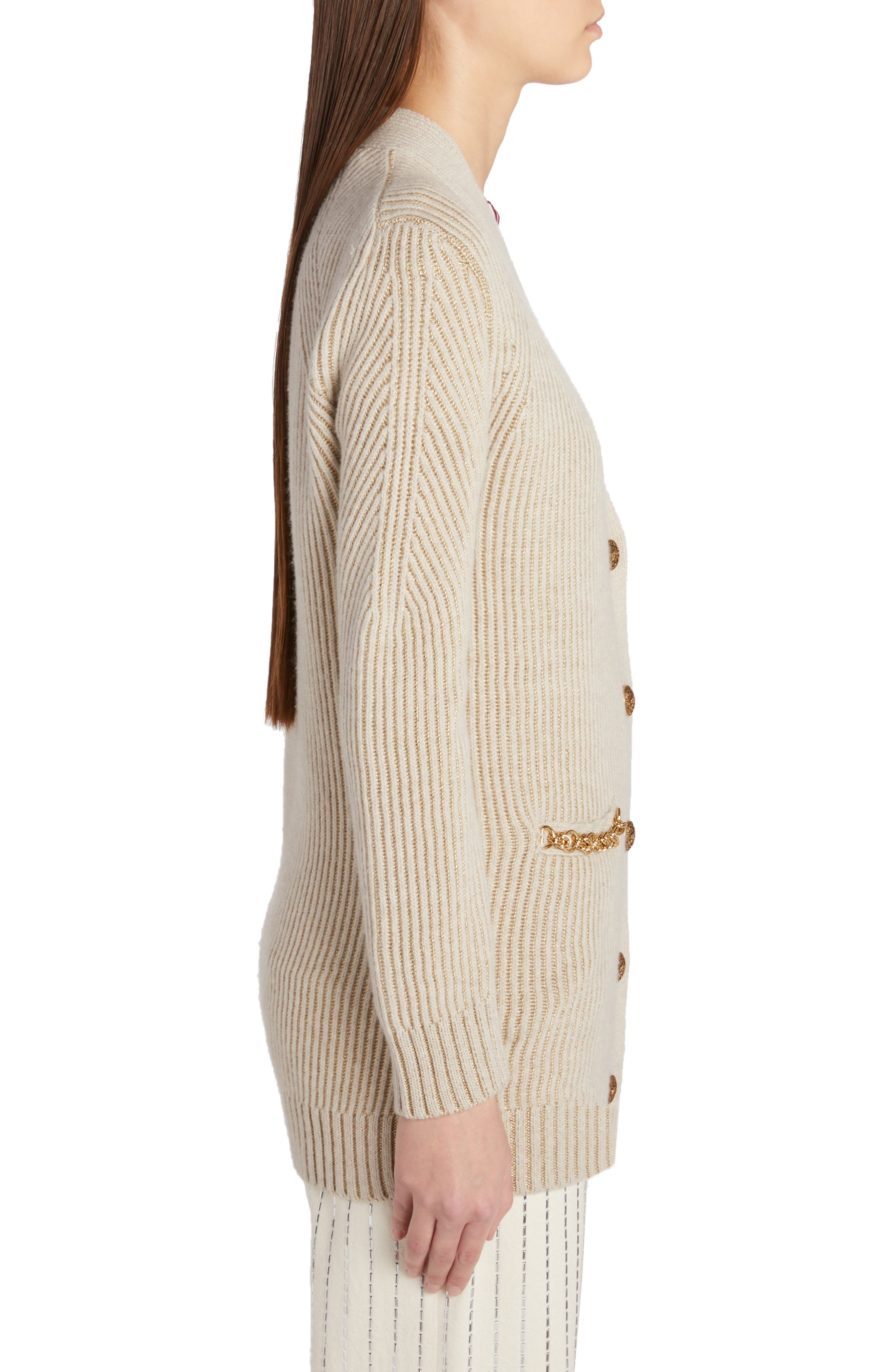 Golden Goose Chain Detail Wool Blend Rib Cardigan in Lambs Wool/Gold at Nordstrom - 3