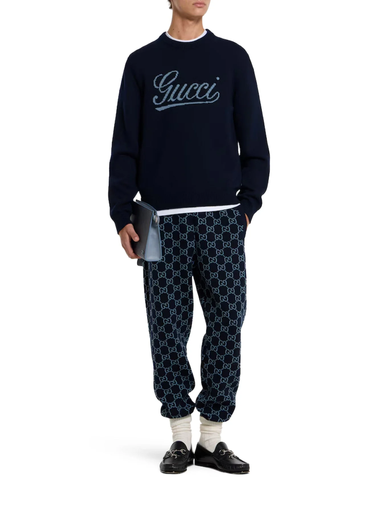 WOOL SWEATER WITH CONTRASTING FRONT GUCCI LOGO - 1