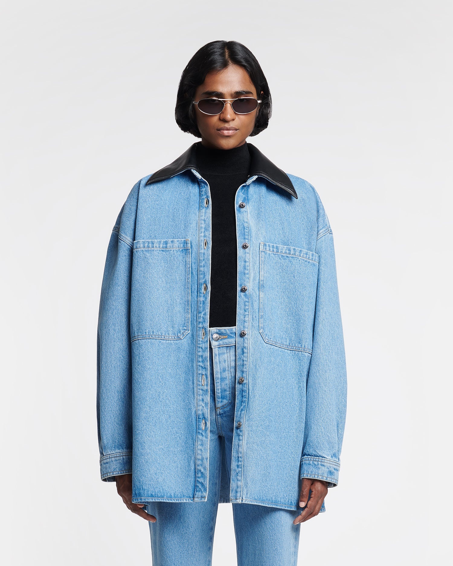 Leather-Trimmed Denim Shirt - 6
