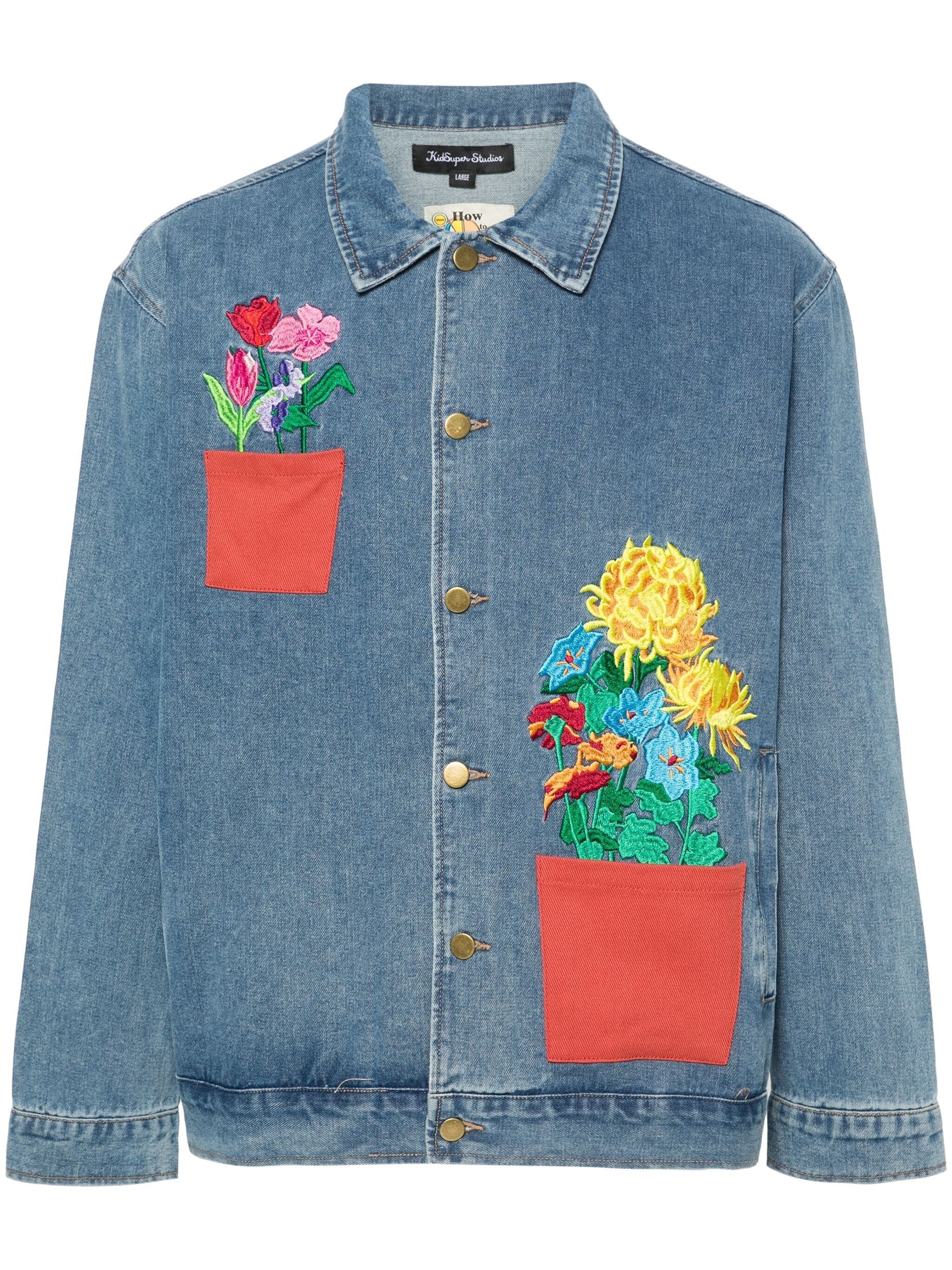 floral-embroidered denim jacket - 1