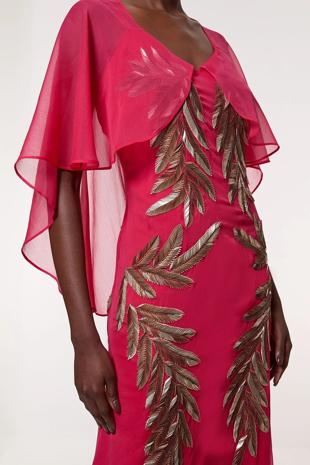 Feather Embellished Woven Cape Sleeve Maxi Dress - 1