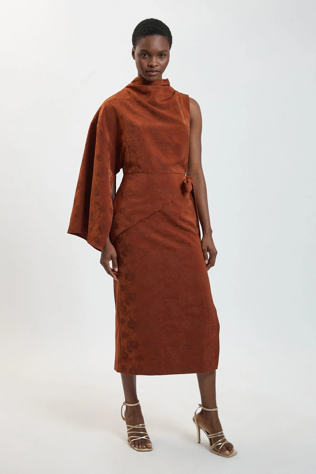 Jacquard Cowl Neck Cape Sleeve Midi Dress - 1