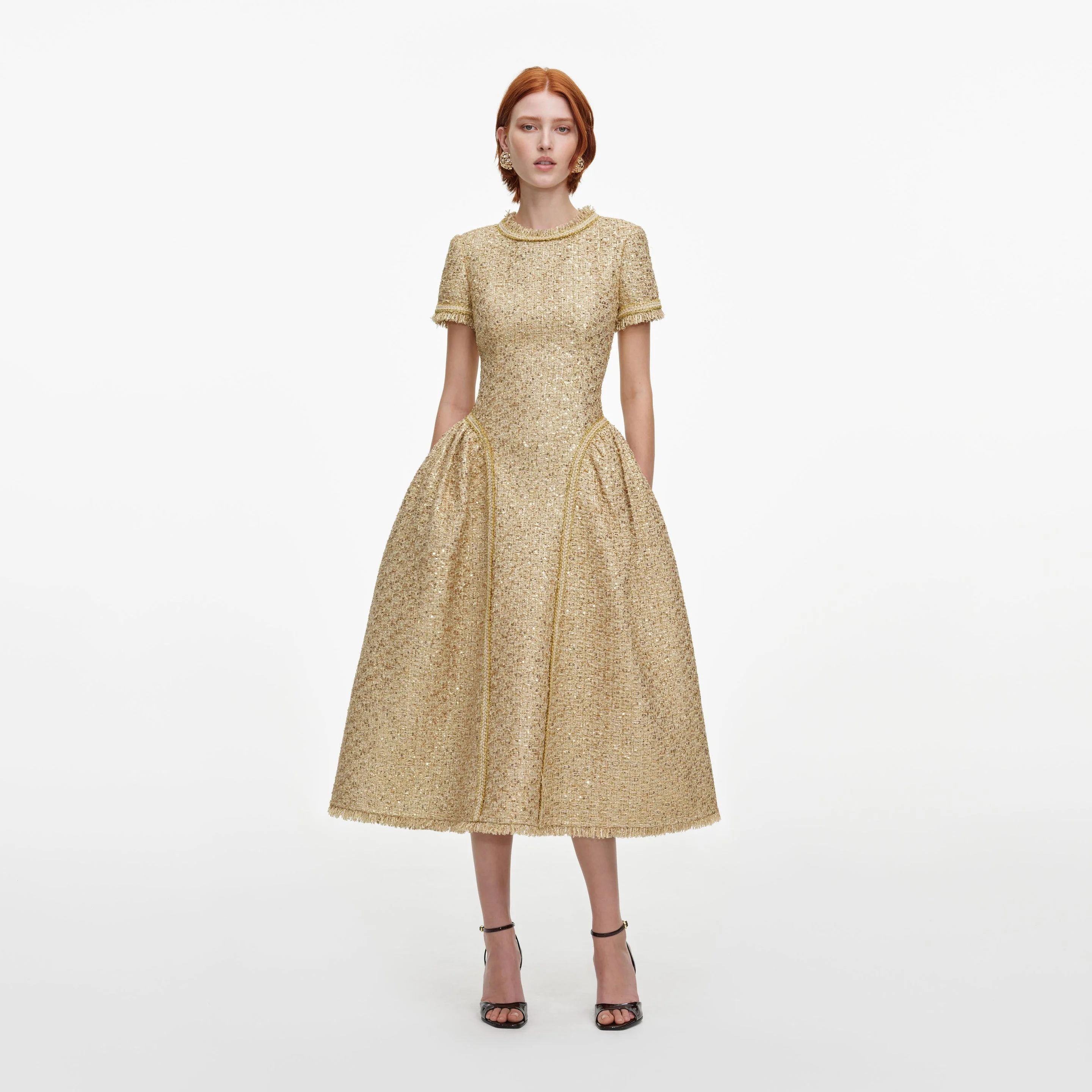 Gold Sequin Boucle Midi Dress - 1