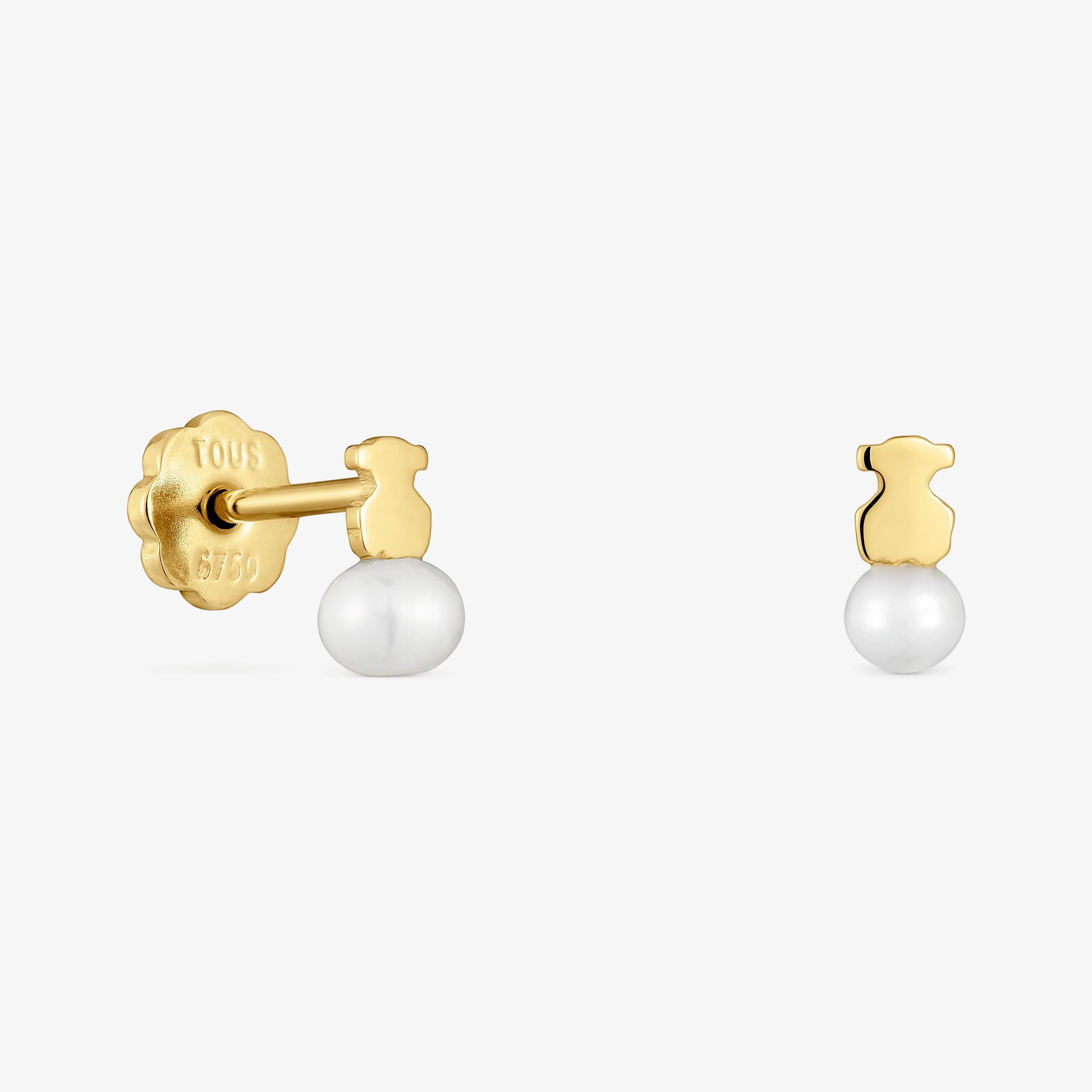 18K solid gold Puppies Earrings with bear motif with a cultured pearl - 1