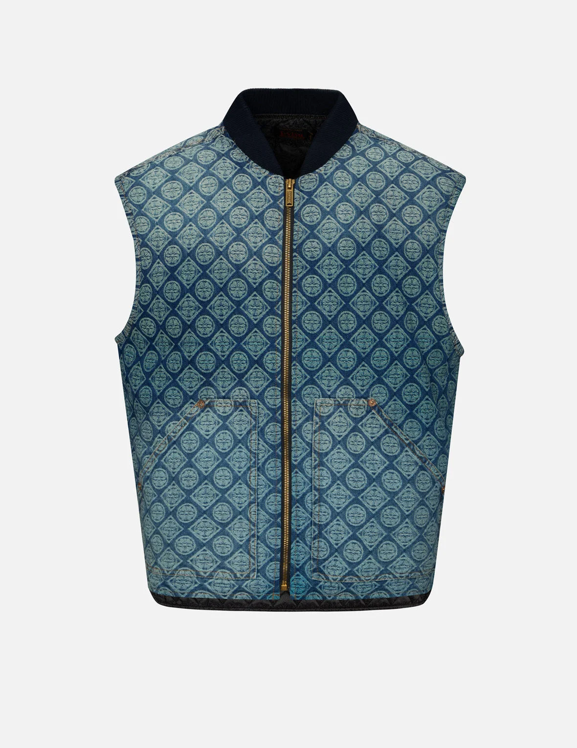 WASHED KAMON JACQUARD RELAX FIT DENIM PADDED VEST - 1