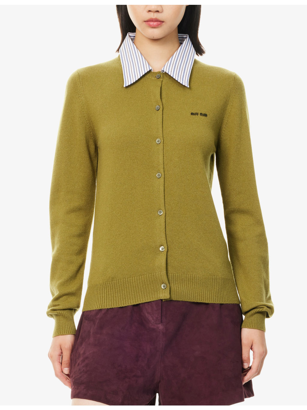 Striped-Collared Knitted-Logo Cashmere Cardigan - 3