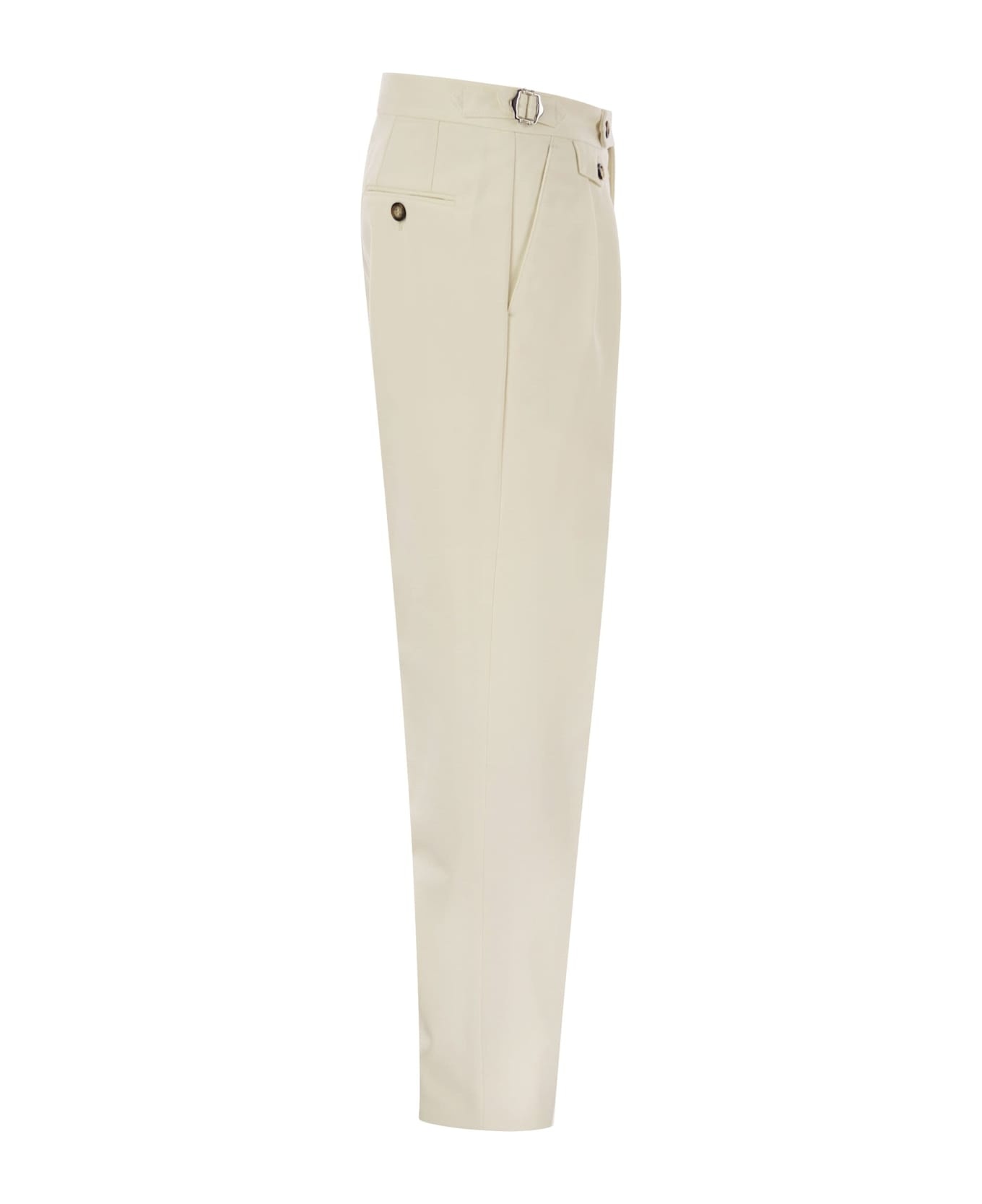 Tailor-fit Trousers In Cotton Gabardine And Virgin Wool With Double Inverted Darts And Buckles On Th - 3