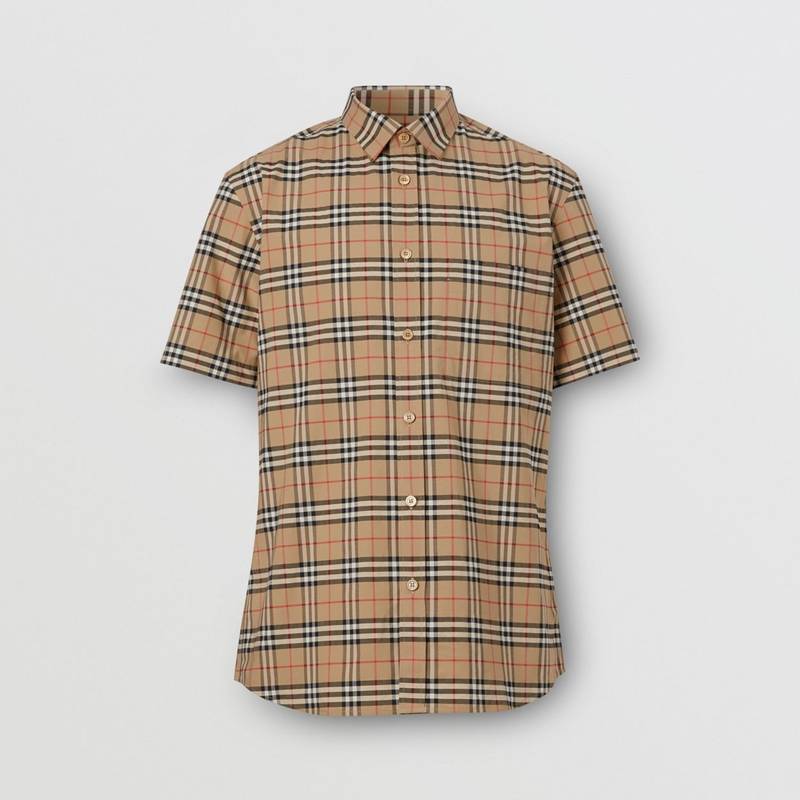 Short-sleeve Small Scale Check Stretch Cotton Shirt 1