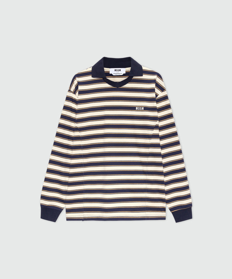 Blue striped long-sleeve cotton jersey T-shirt with chest logo 1