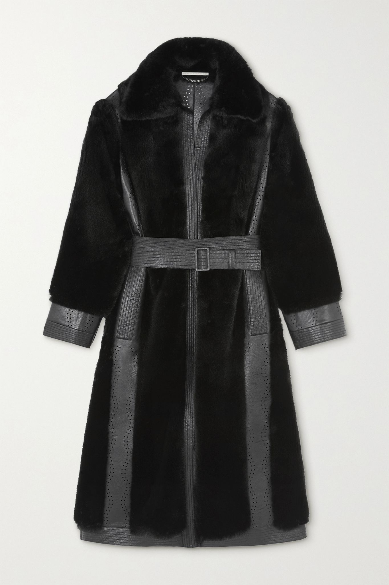 Belen belted laser-cut vegetarian leather and faux fur coat - 1