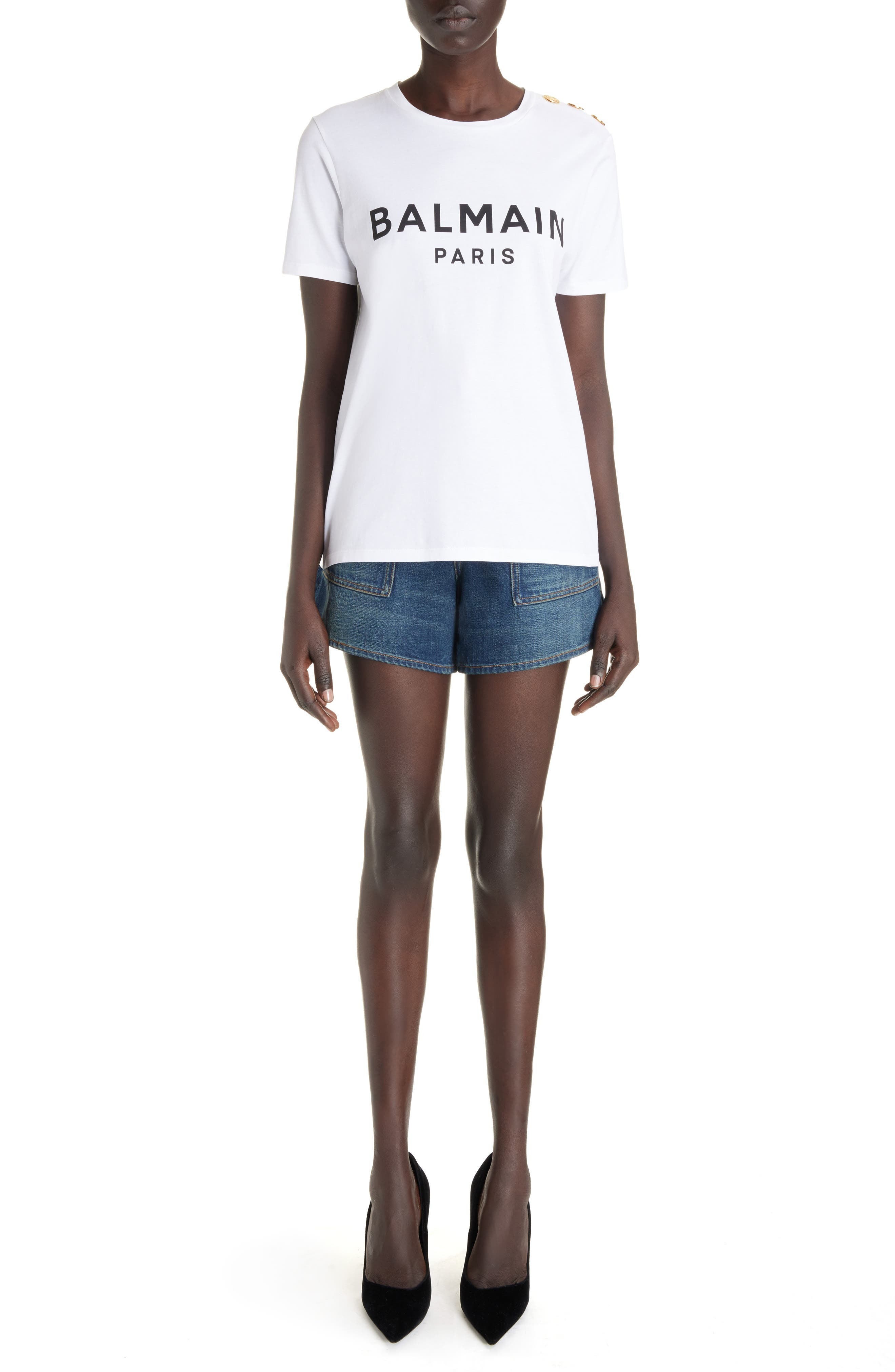 Balmain Button Shoulder Cotton Logo Graphic T-Shirt in Gab White/Black at Nordstrom - 8