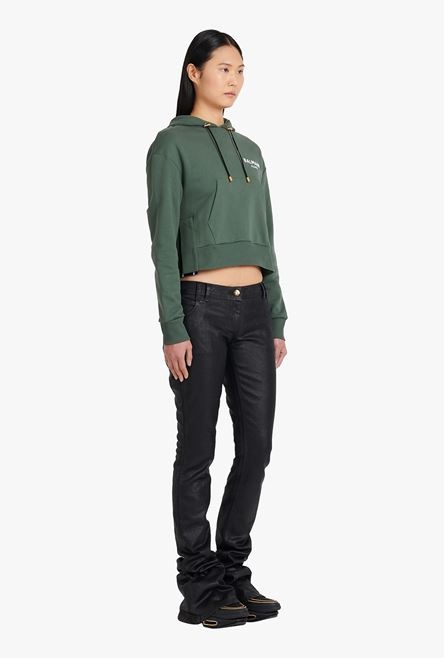 Cropped dark khaki eco-designed cotton sweatshirt with flocked white Balmain logo - 7
