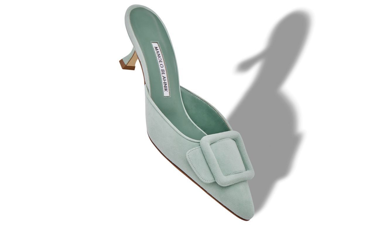 Light Green Suede Buckle Detail Mules - 2