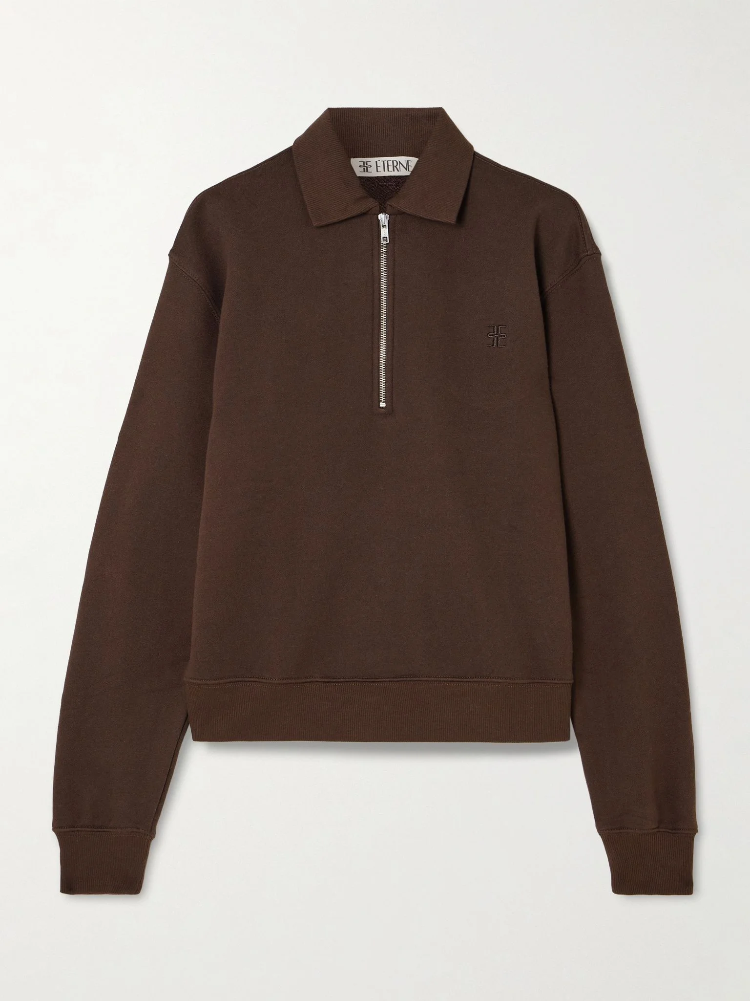 Embroidered French cotton and modal-blend terry half-zip sweatshirt Chocolate - 1