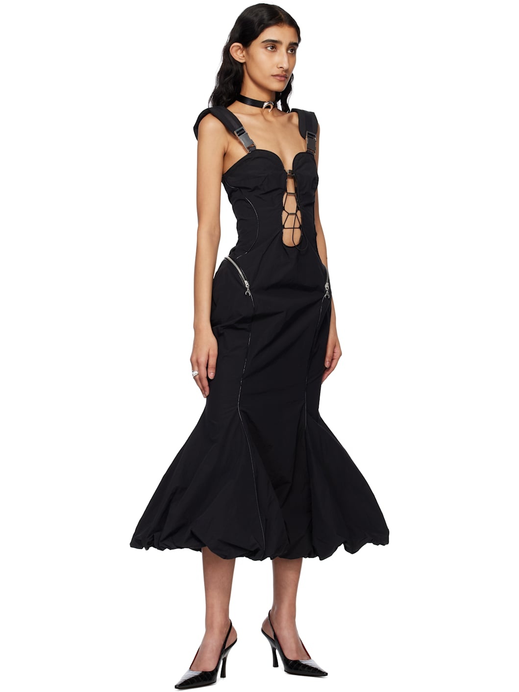 Black Recycled Nylon Midi Dress - 4