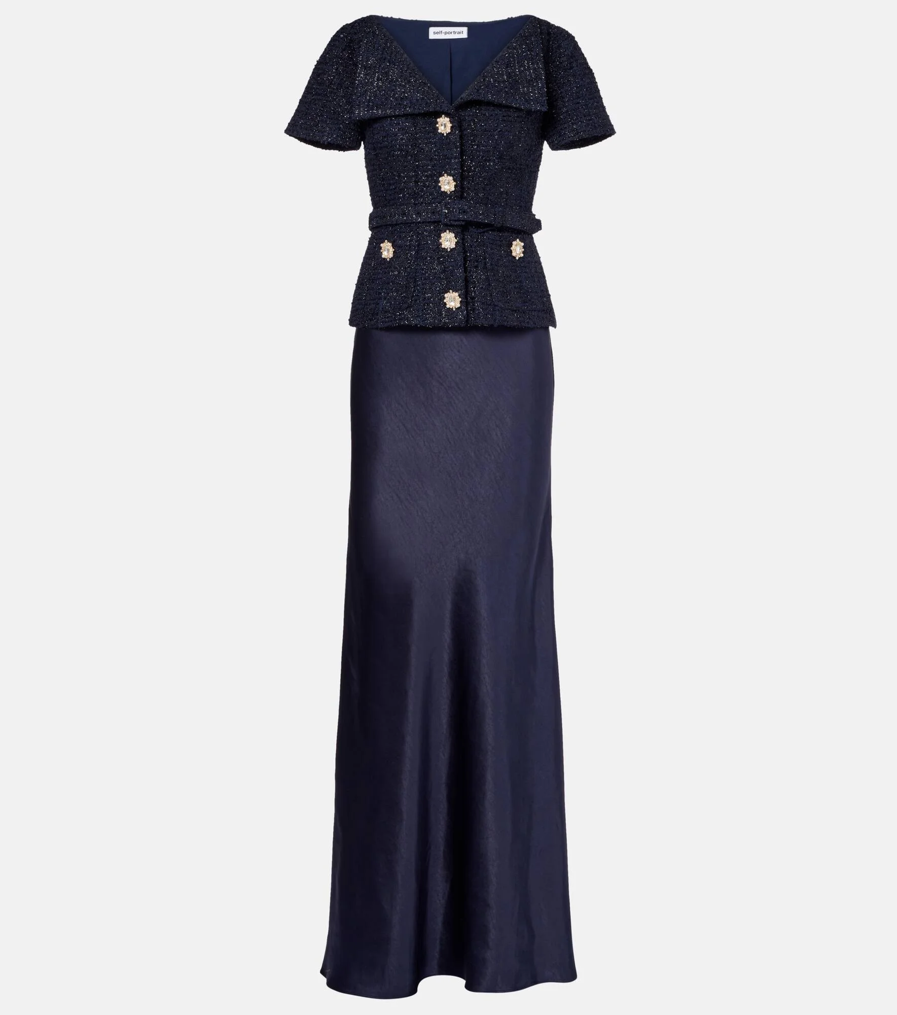 self portrait embellished boucl and satin maxi dress Black Sequin Boucle Satin Maxi Dress  self-portrait-US