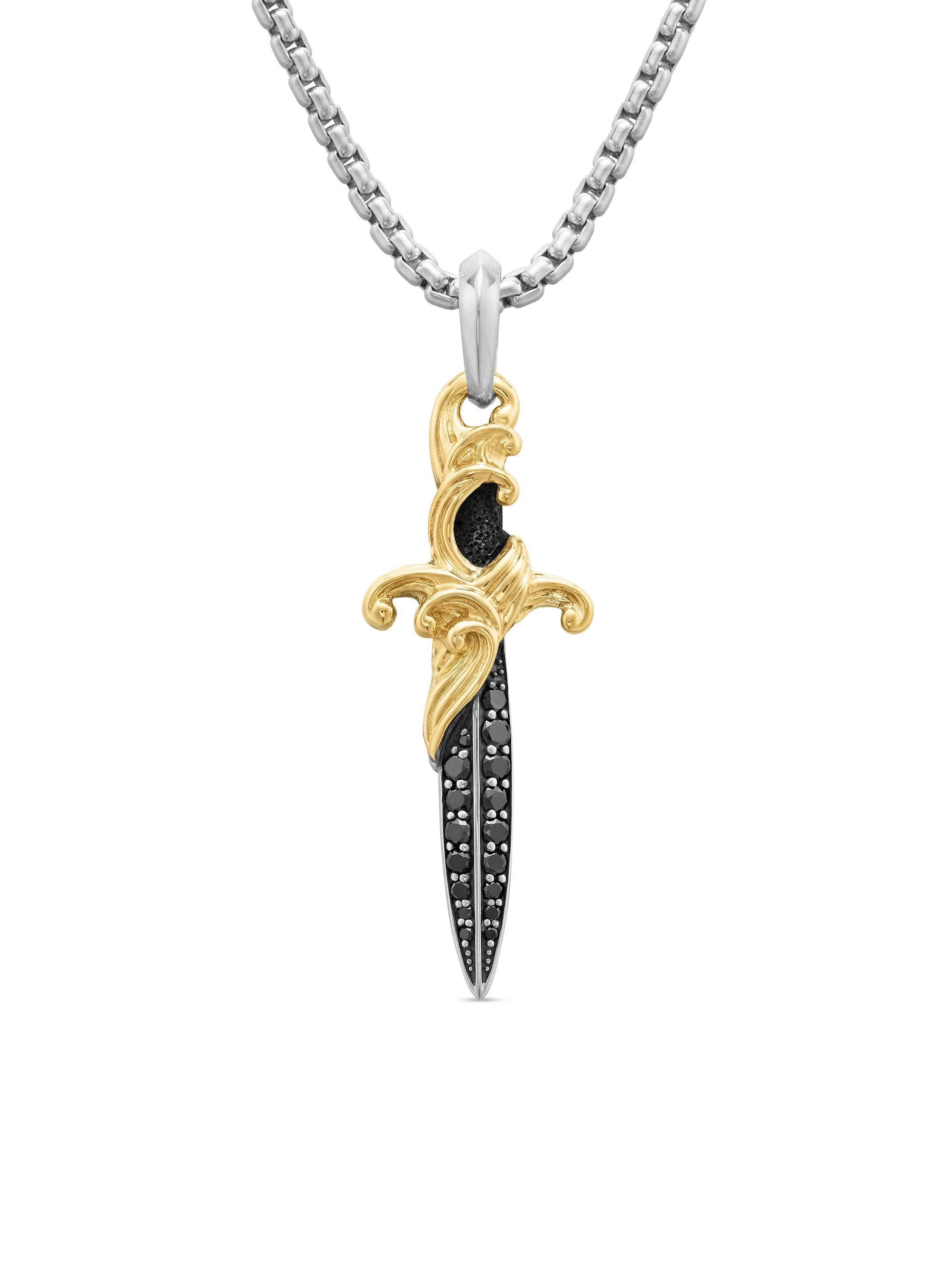 Men's Waves Dagger Amulet in Sterling Silver - Black Diamond - 1