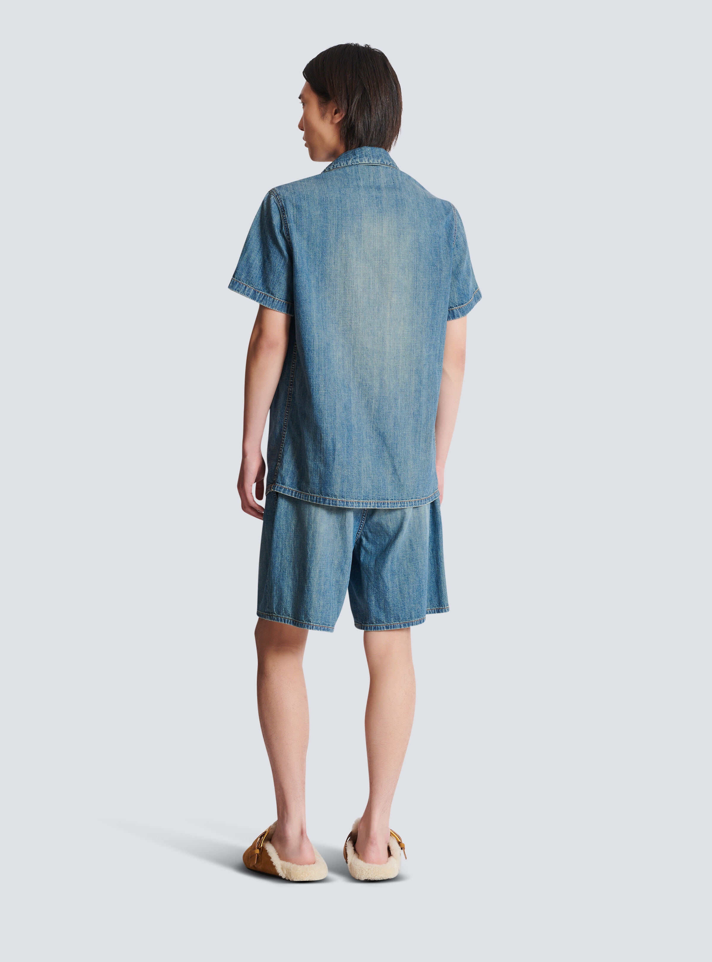 Short-sleeved pyjama shirt in faded denim - 4