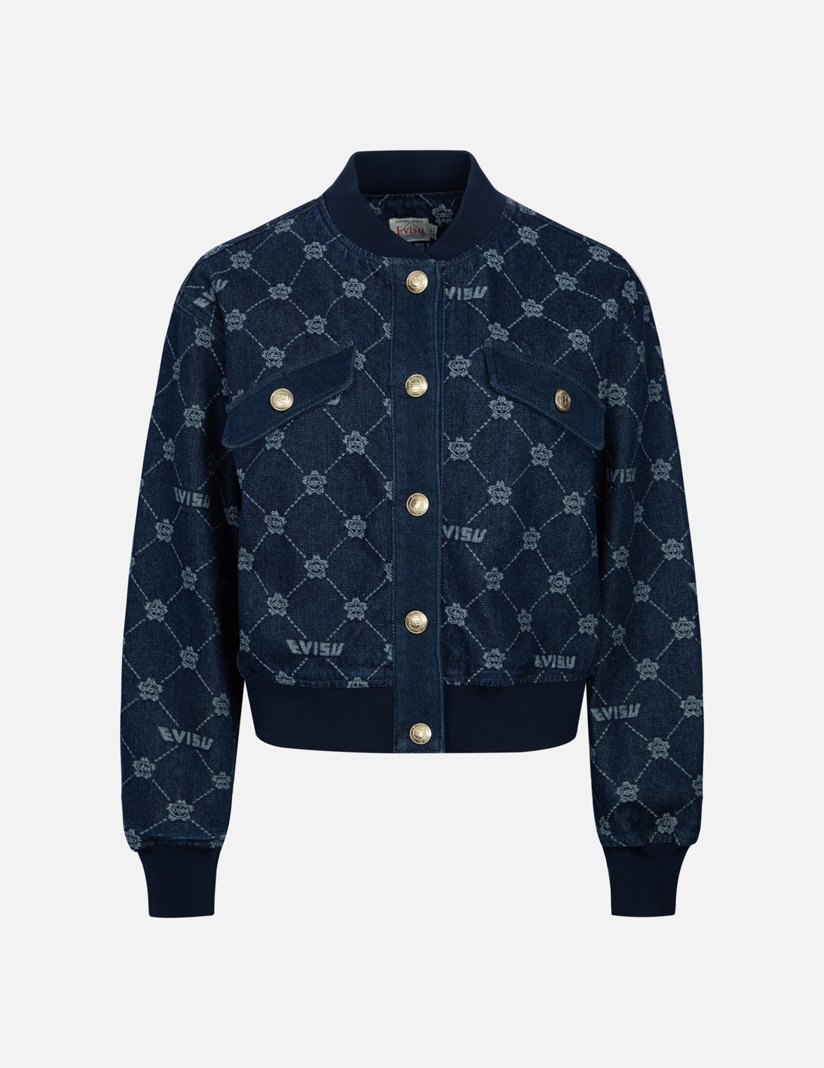 ALLOVER KAMON AND LOGO DROP SHOULDER DENIM BOMBER JACKET - 1