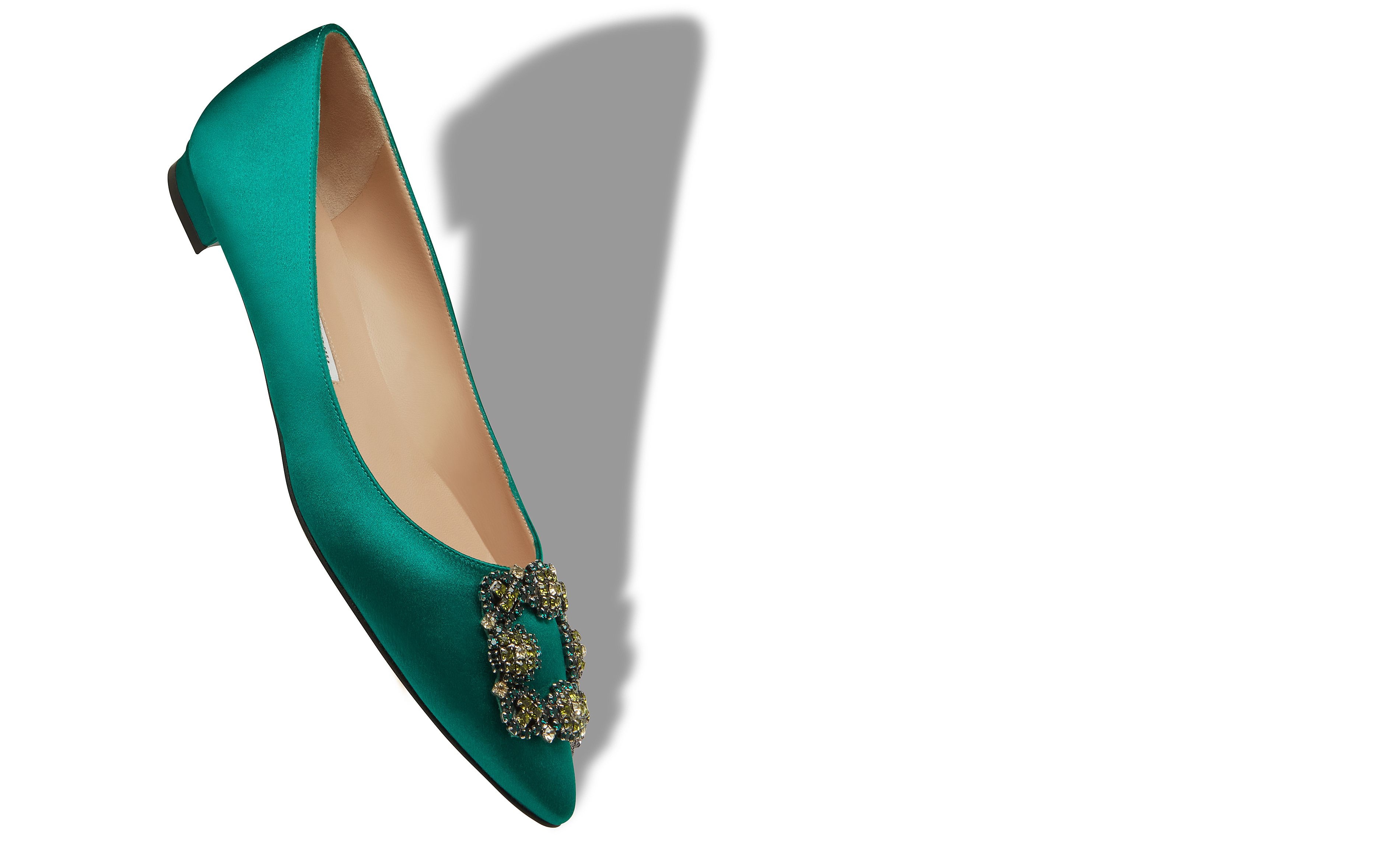 Green Satin Jewel Buckled Flats - 2