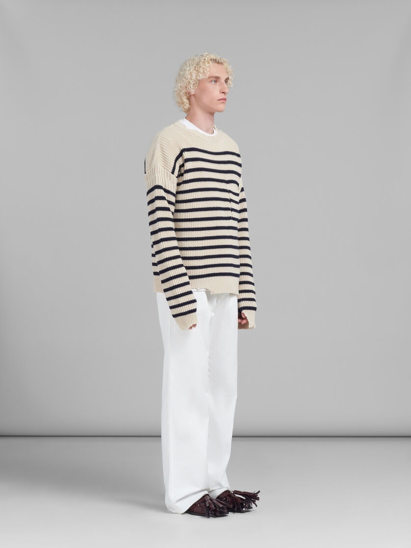 WHITE WOOL AND COTTON STRIPED FISHERMAN JUMPER - 5