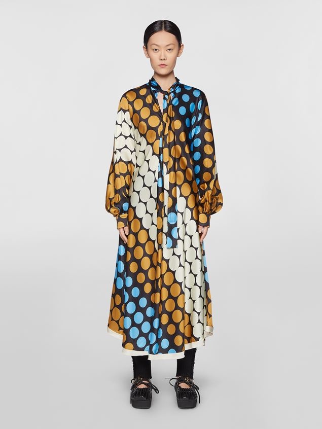 POP POIS PRINT VISCOSE SATIN DRESS WITH LAVALLIÈRE COLLAR - 2